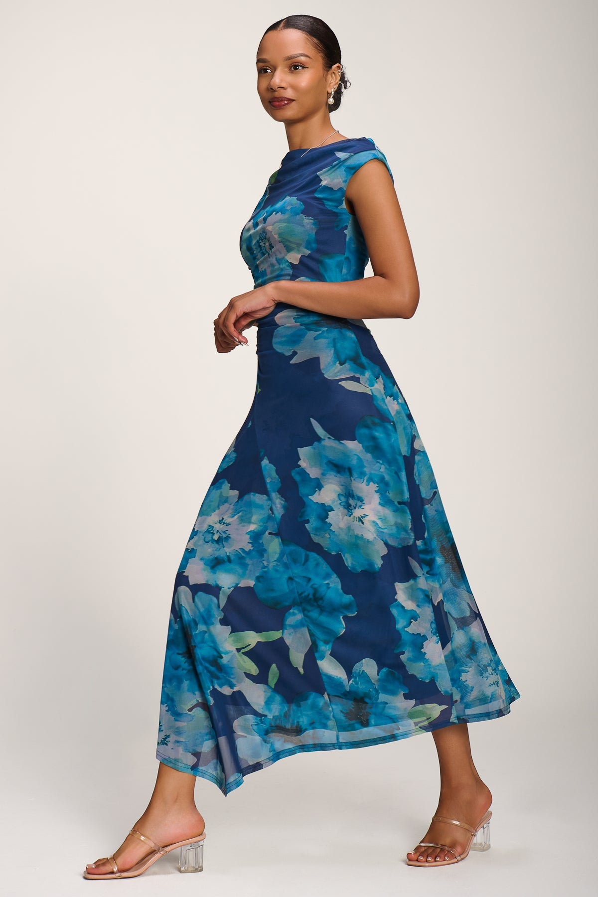 Asymmetric Draped Mesh Midaxi Dress BLUE FLORAL Side View