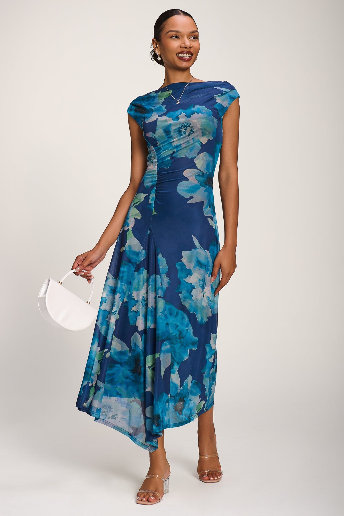 Asymmetric Draped Mesh Midaxi Dress BLUE FLORAL Detail View