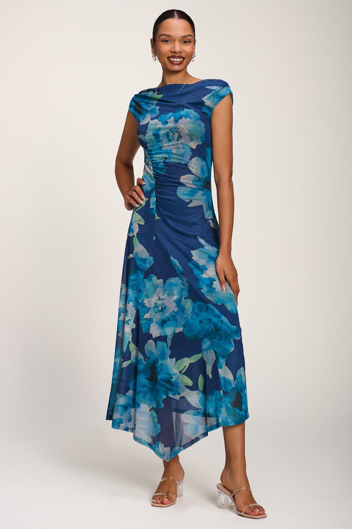 Asymmetric Draped Mesh Midaxi Dress BLUE FLORAL Front View 2