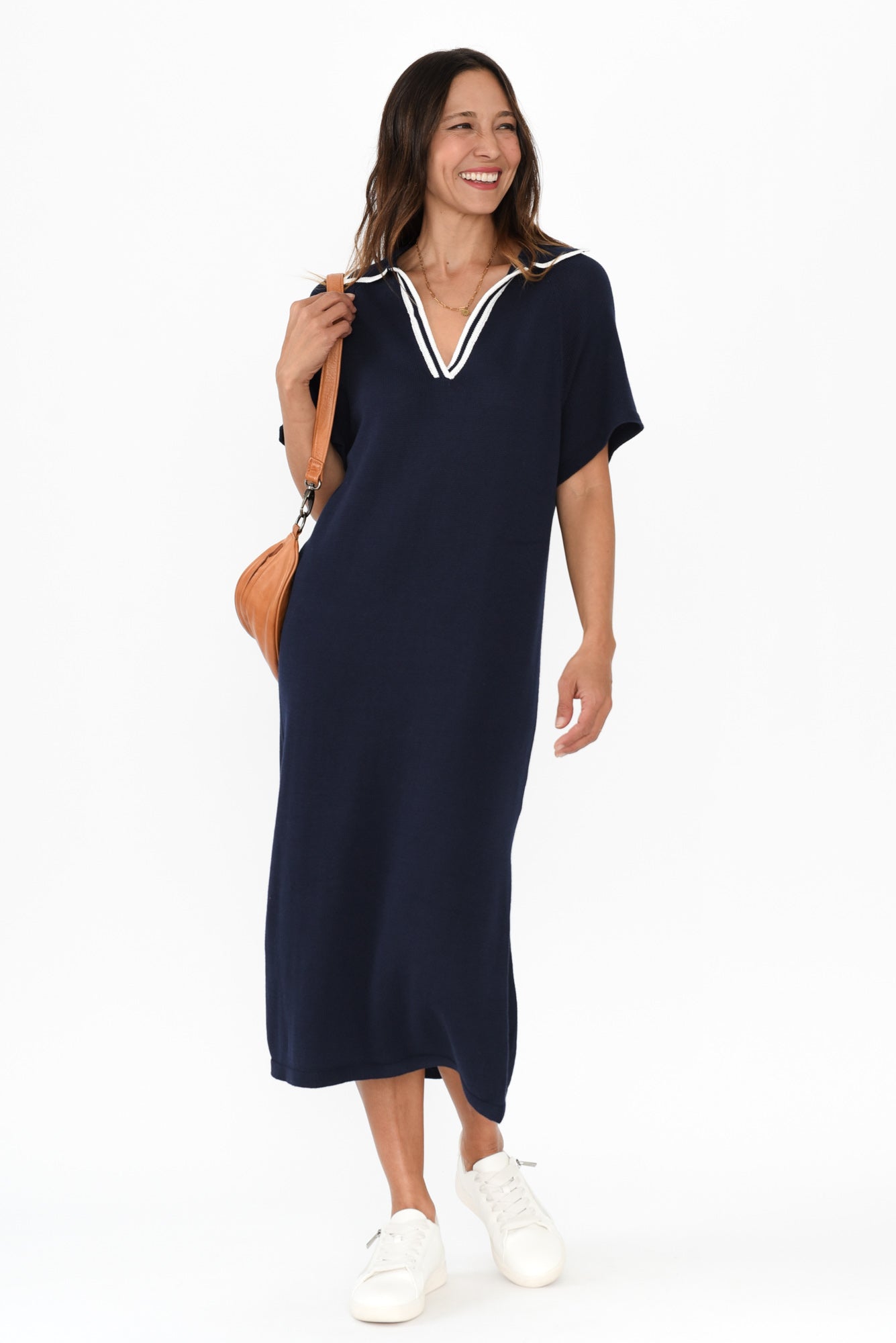 Fabiola Navy Contrast Knit Dress Front View