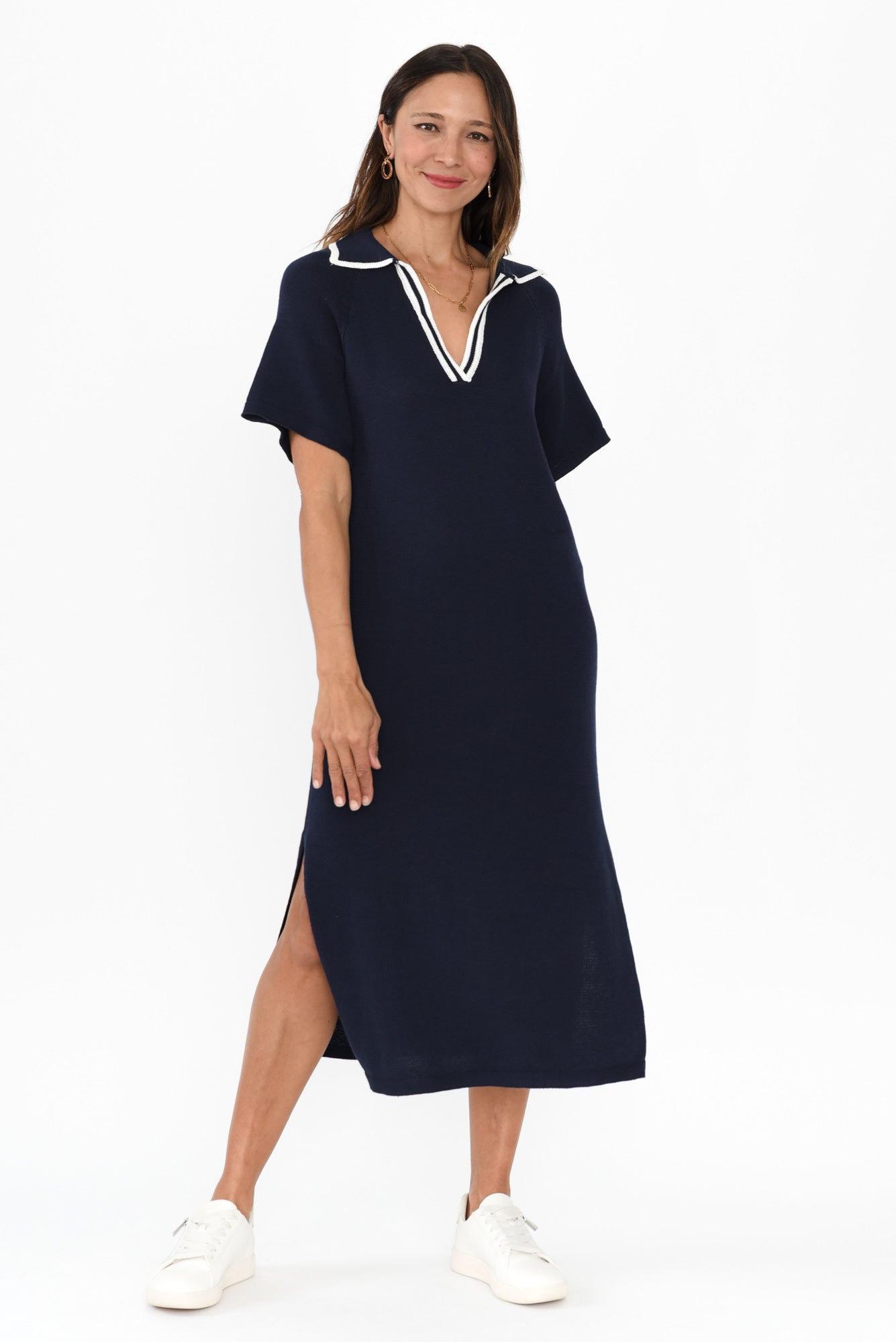 Fabiola Navy Contrast Knit Dress Front View 2