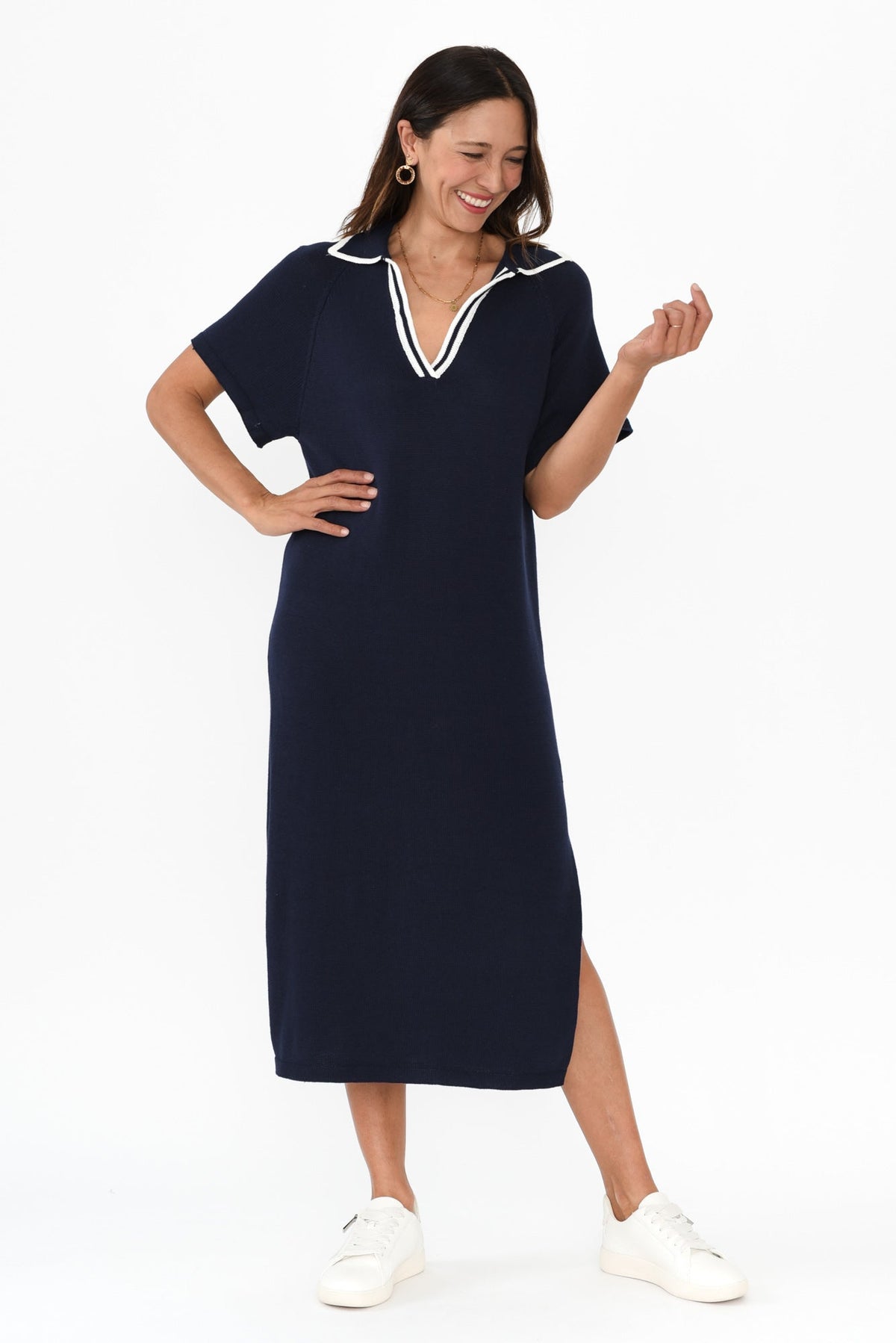 Fabiola Navy Contrast Knit Dress Full Length View