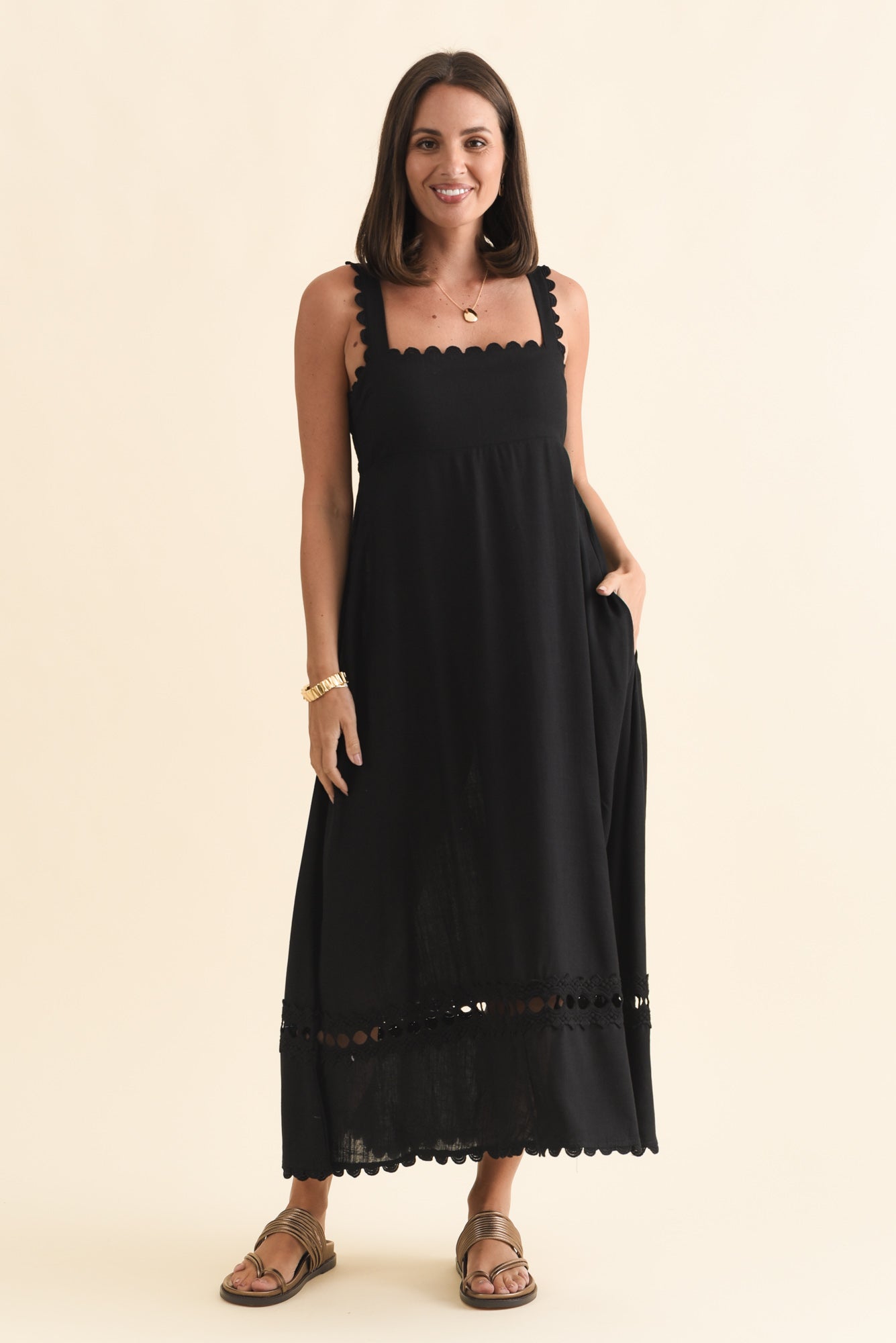 Falice Black Contrast Linen Blend Dress Front View 2