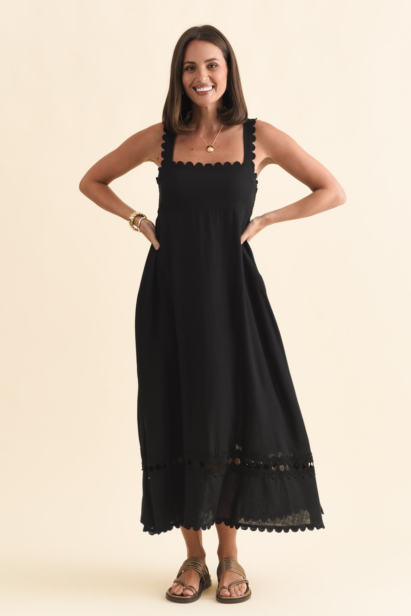 Falice Black Contrast Linen Blend Dress Front View