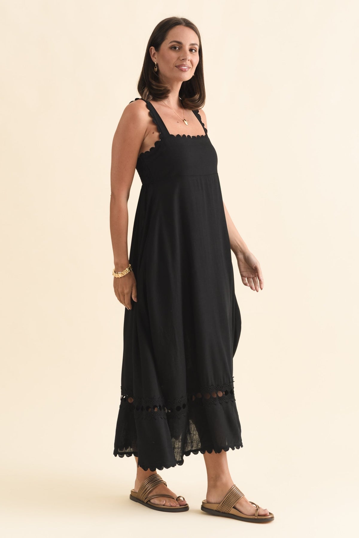 Falice Black Contrast Linen Blend Dress Back View