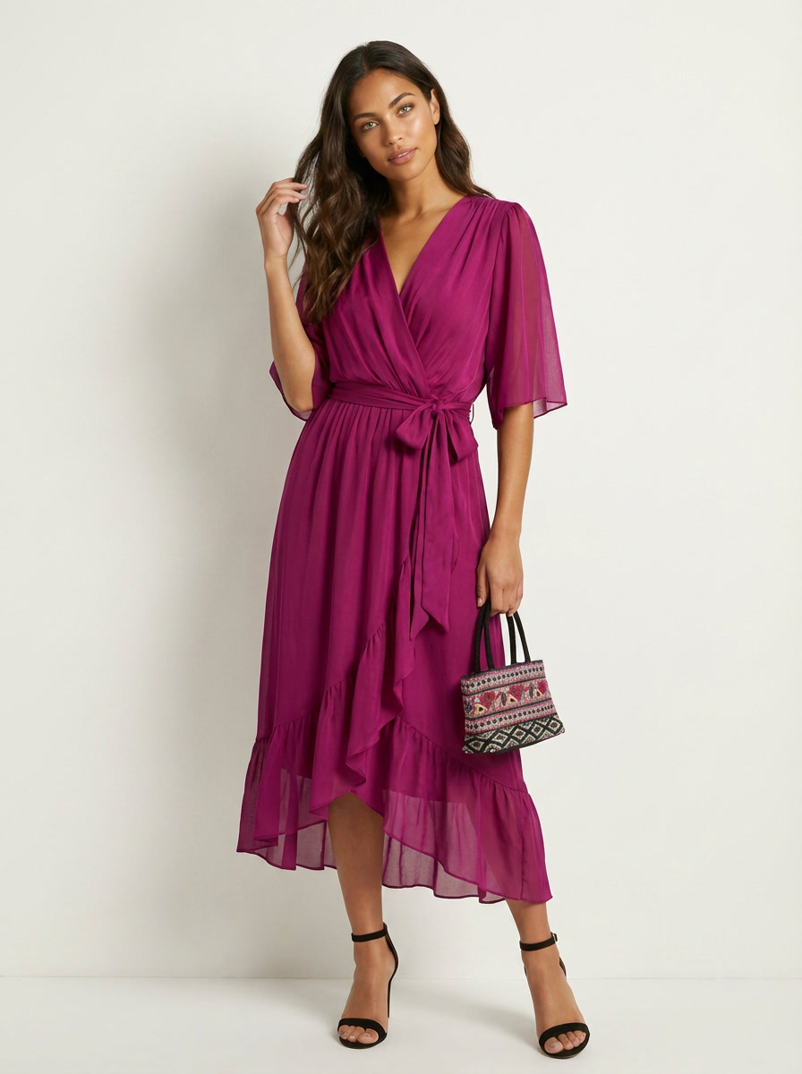 Flowy midi wikkeljurk met ceintuur - Elin Full Length View