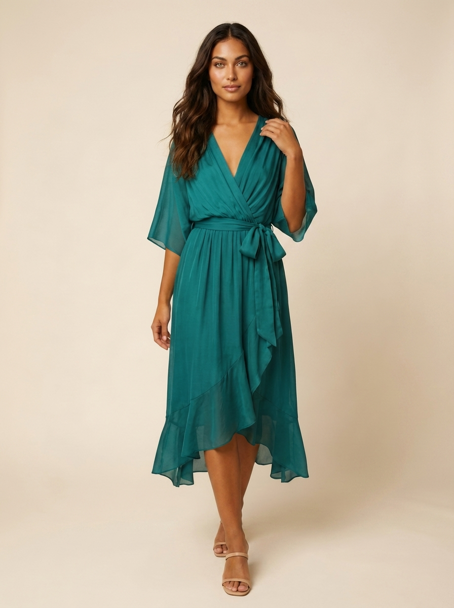 Flowy midi wikkeljurk met ceintuur - Elin Front View