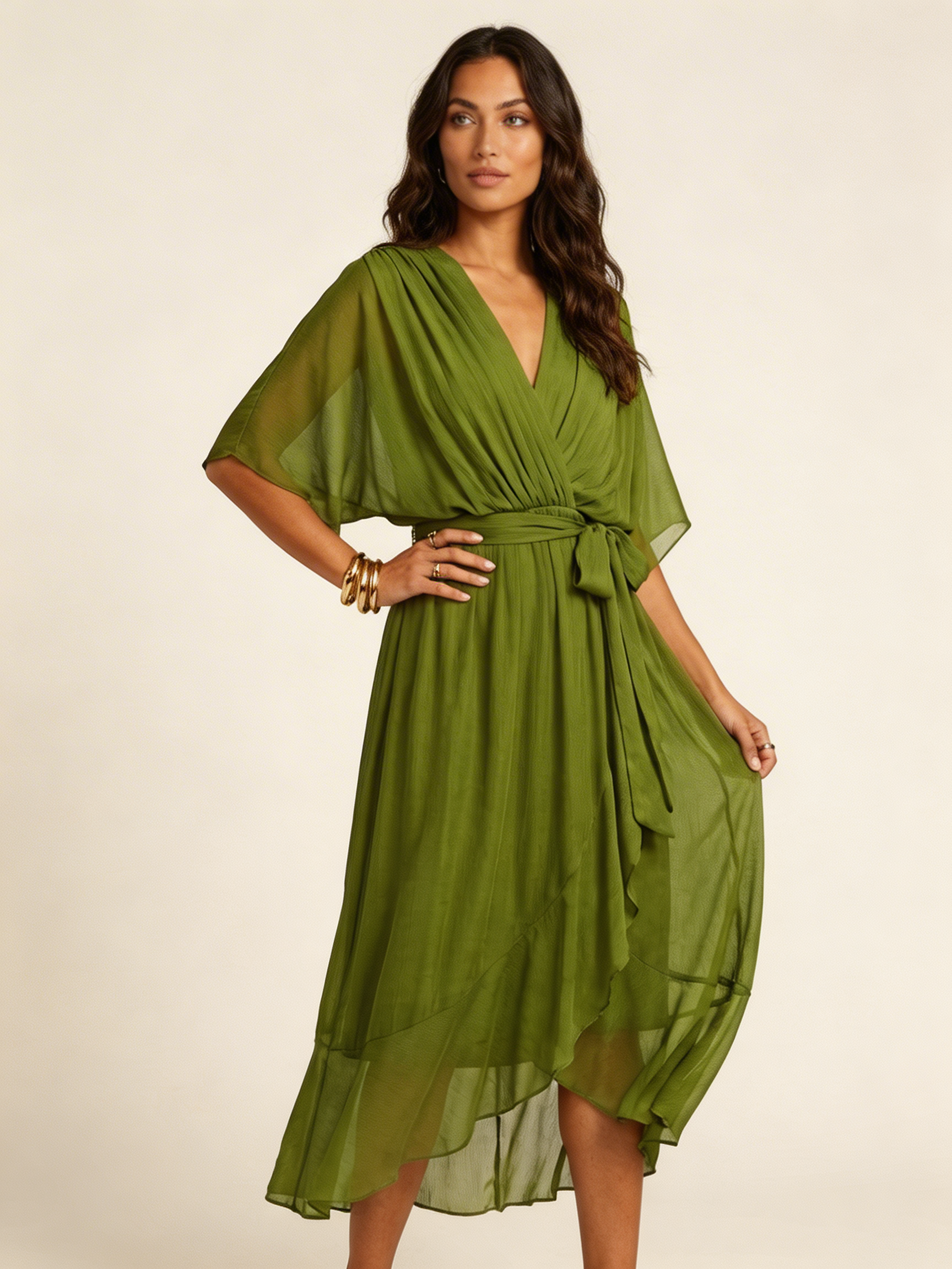Flowy midi wikkeljurk met ceintuur - Elin Styled View