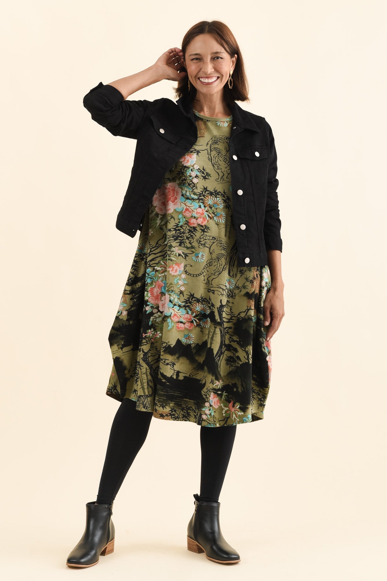 Fonte Olive Blossom Cotton Knit Dress Front View 2