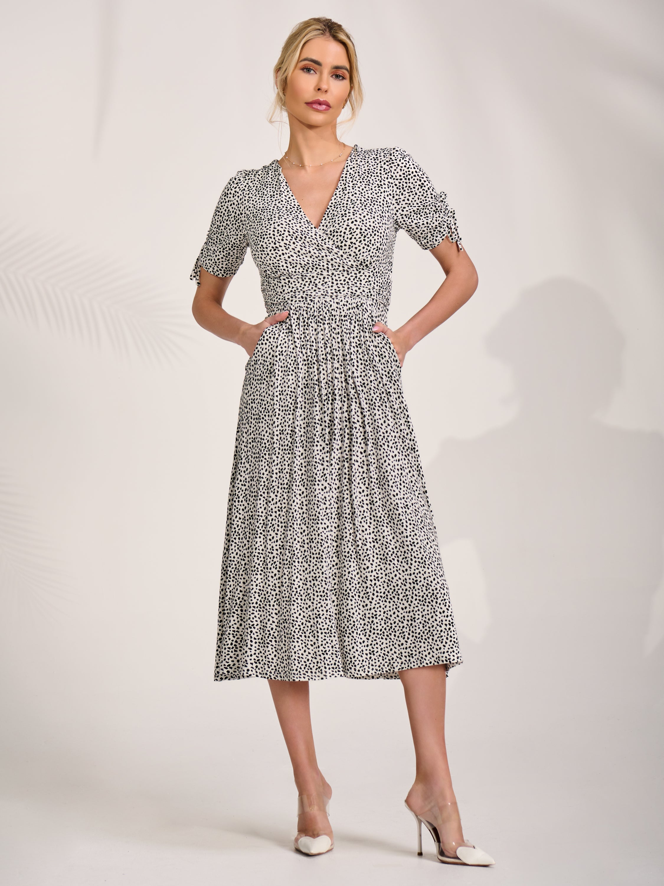 Jersey Tie Sleeve Wrap Front Midi Dress Front View 2