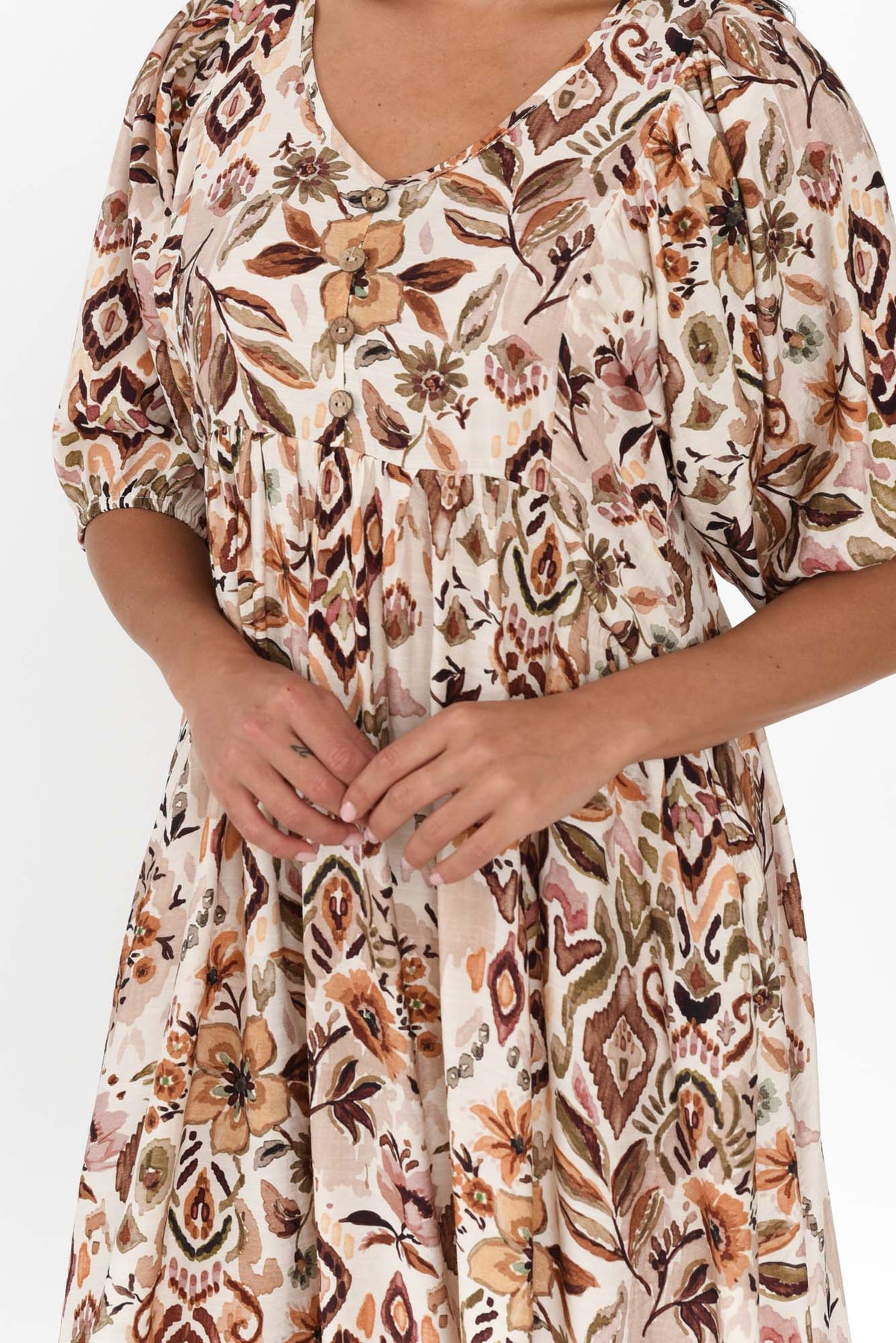 Gabriella Brown Floral Pocket Dress Detail View