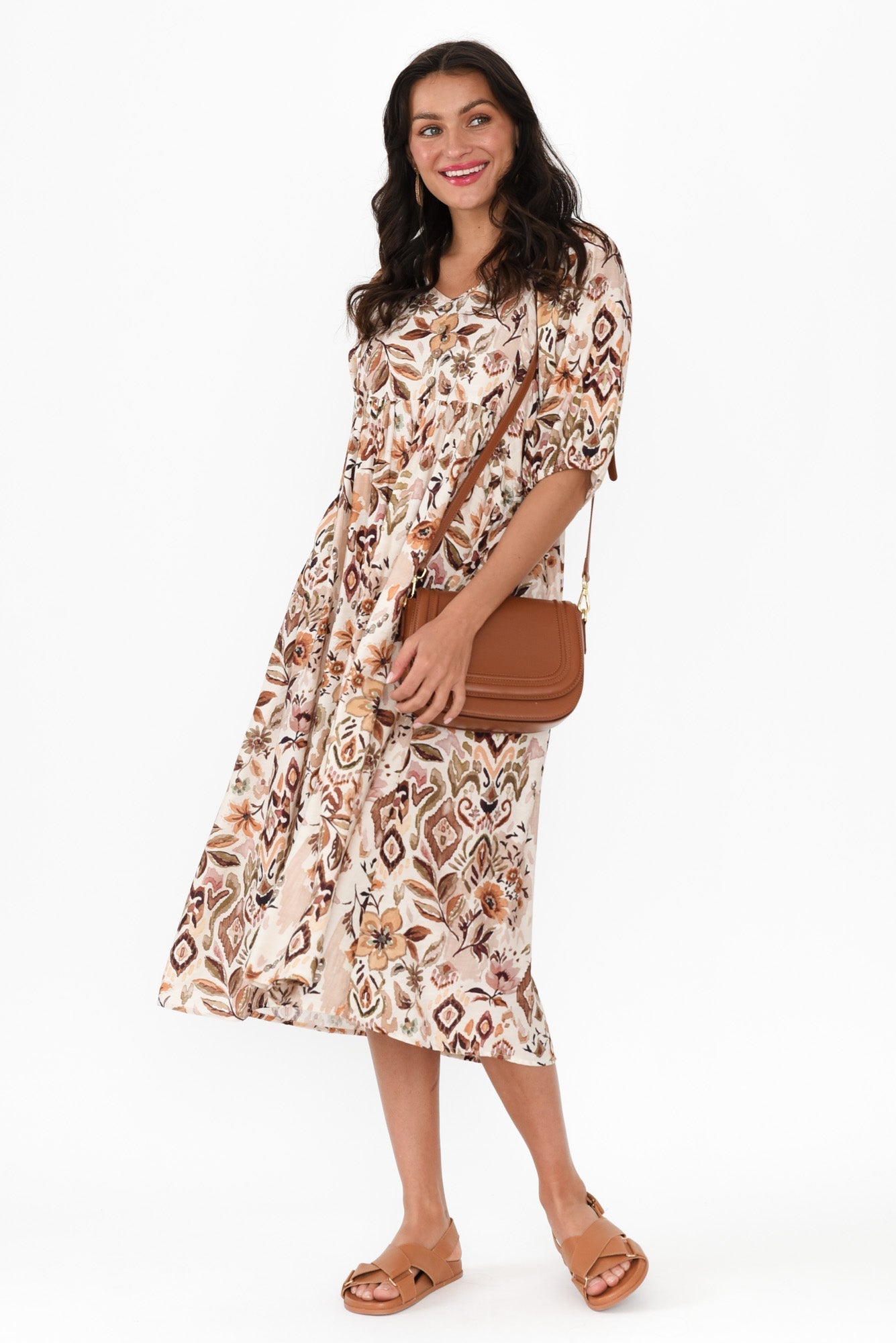 Gabriella Brown Floral Pocket Dress Front View 2