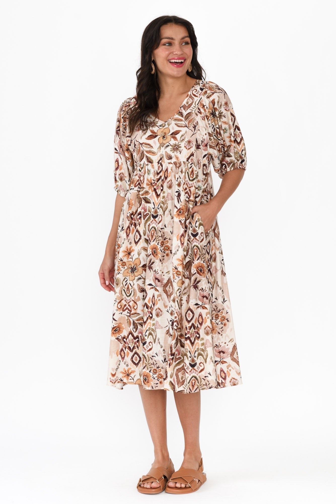 Gabriella Brown Floral Pocket Dress Front View