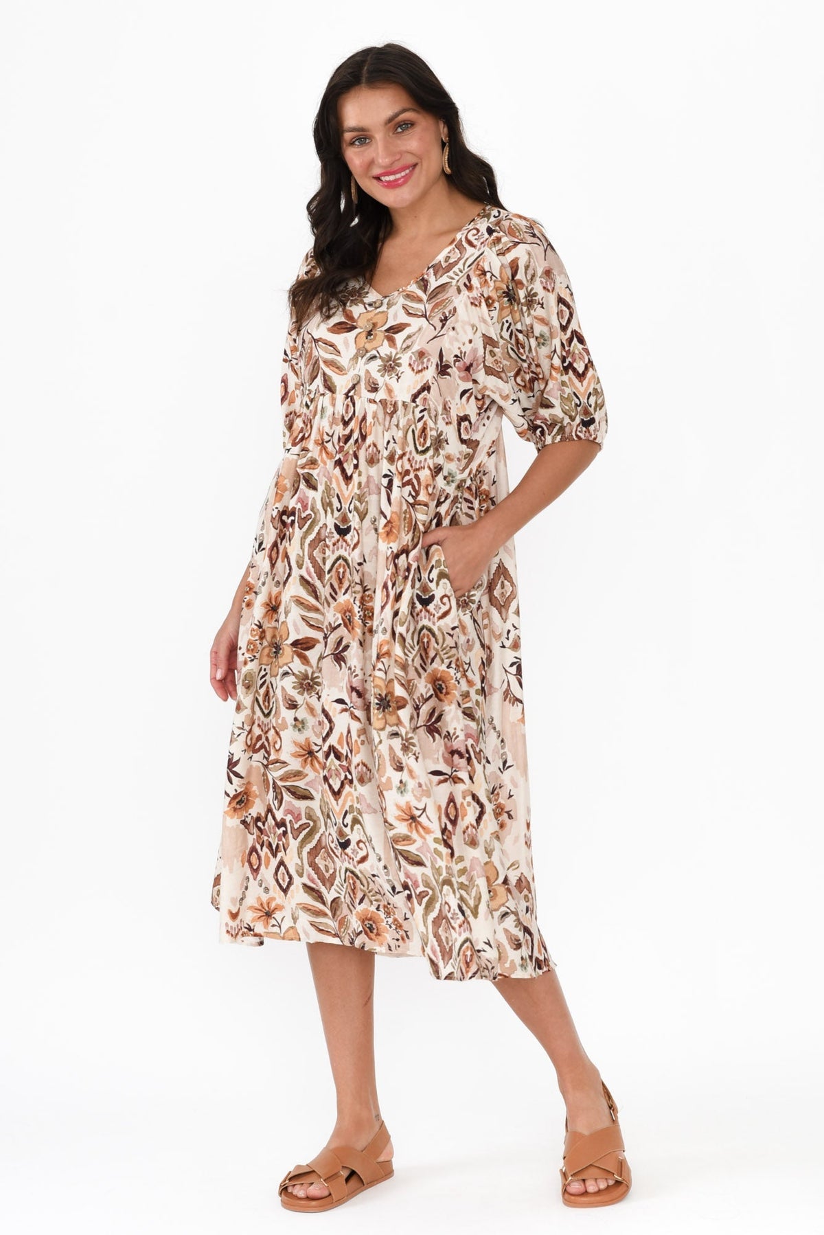 Gabriella Brown Floral Pocket Dress Full Length View