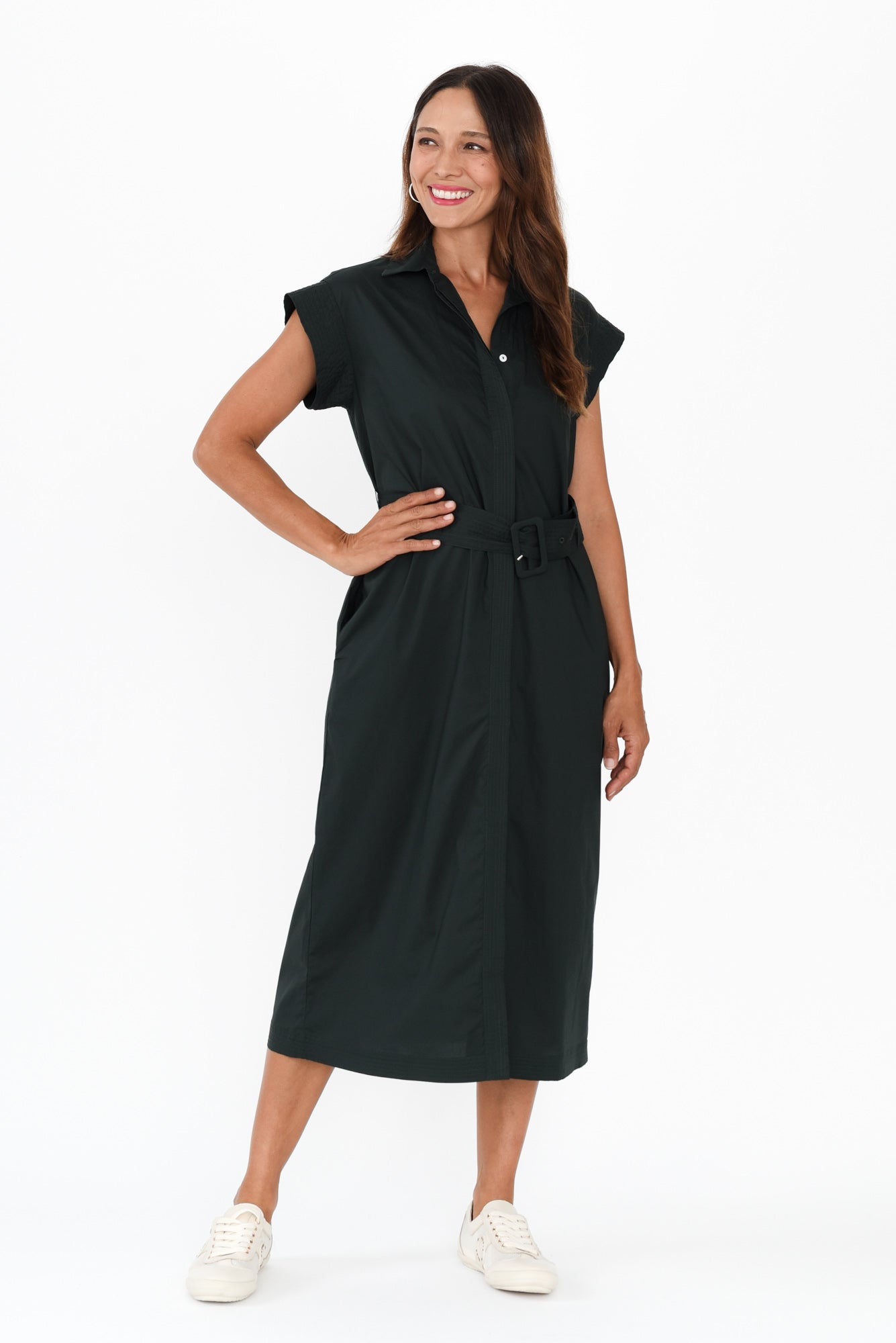 Gail Black Cotton Belted Dress Front View 2