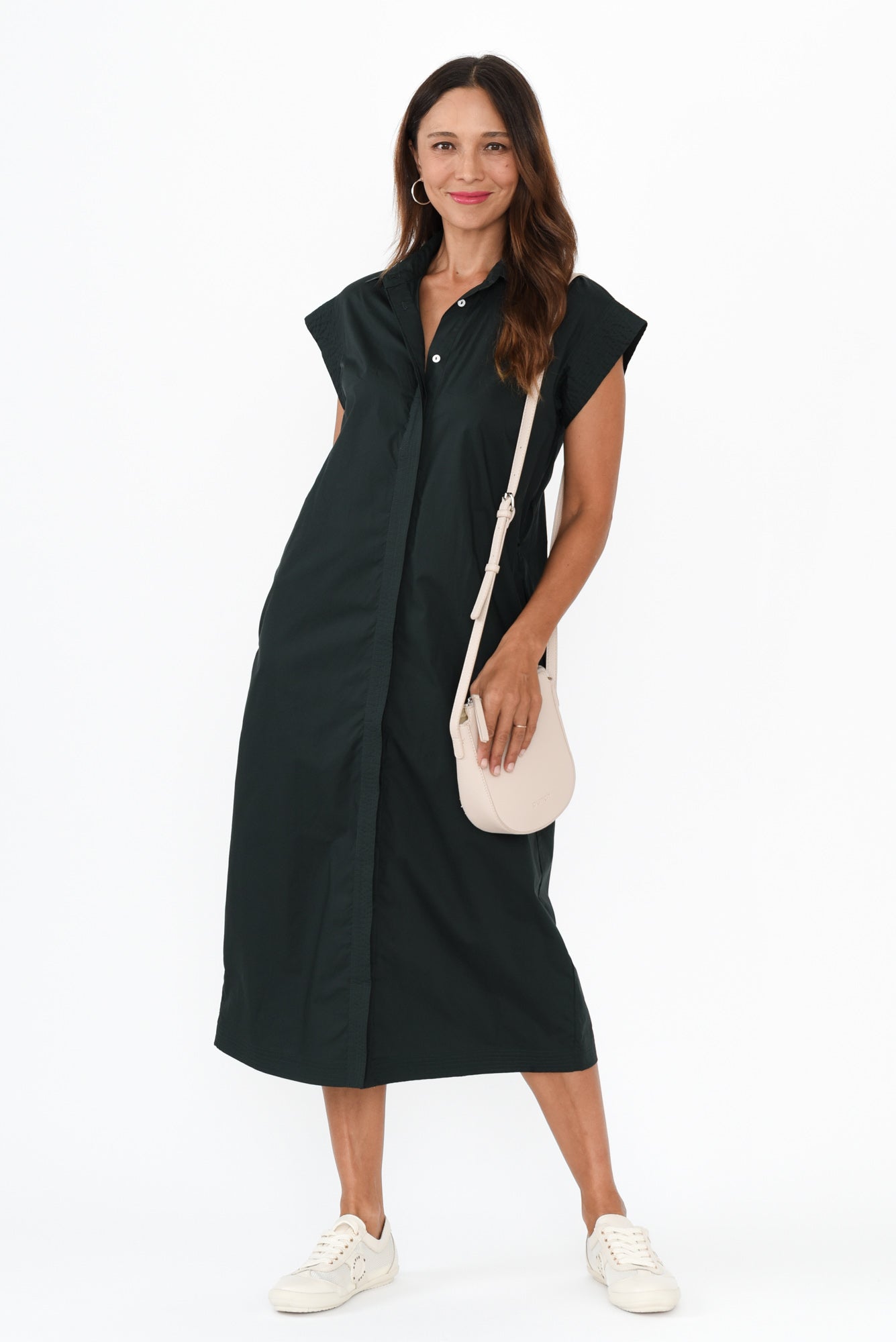 Gail Black Cotton Belted Dress Front View