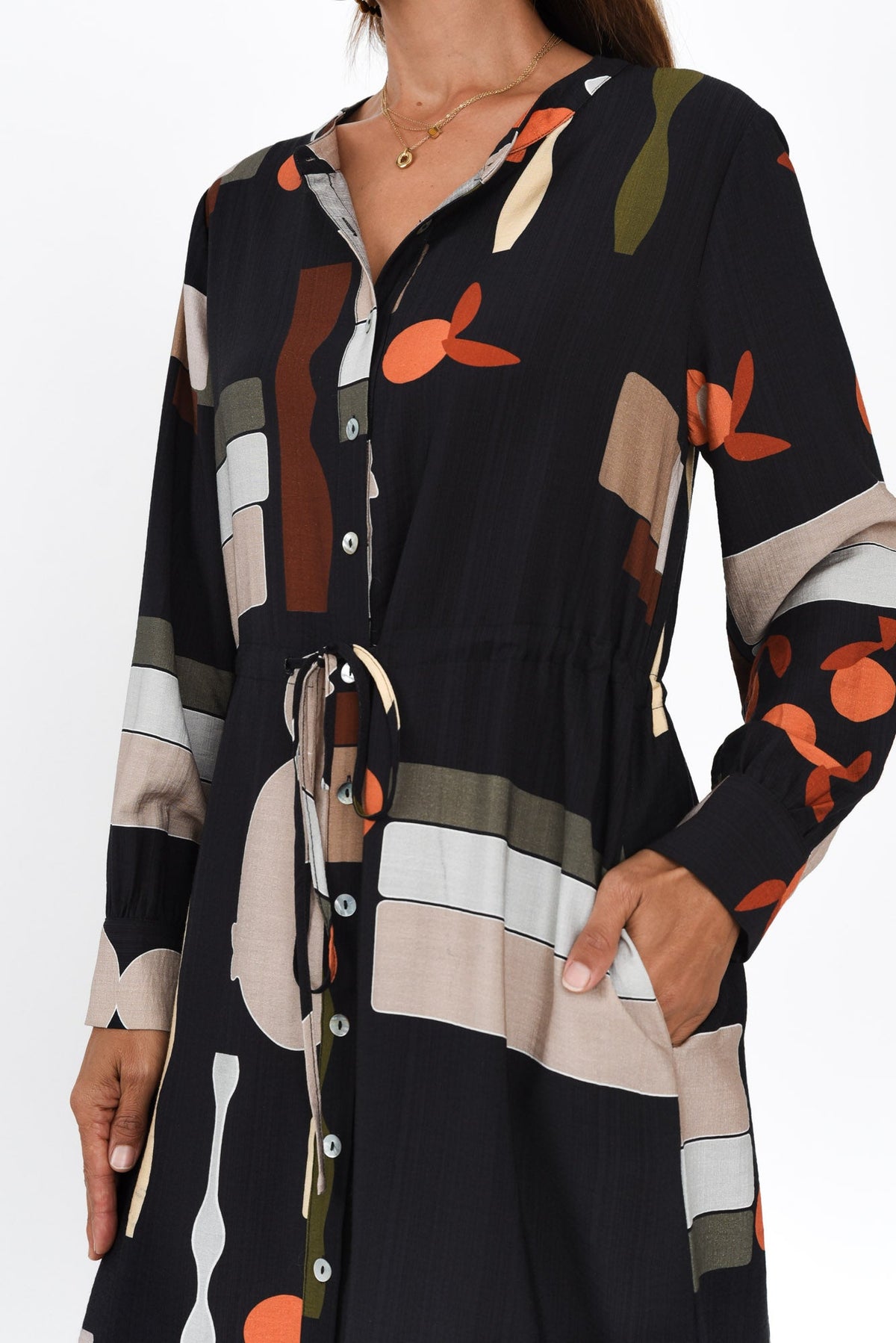 Galleria Black Geo Tie Dress Detail View