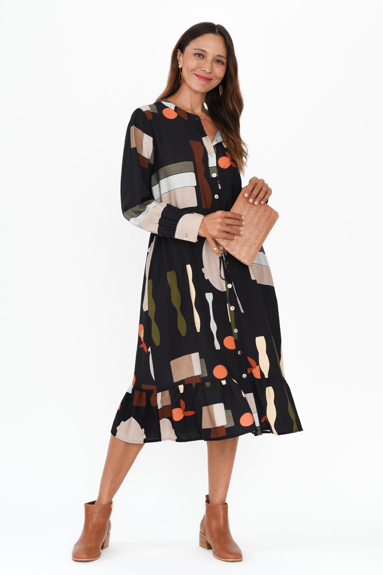 Galleria Black Geo Tie Dress Front View 2