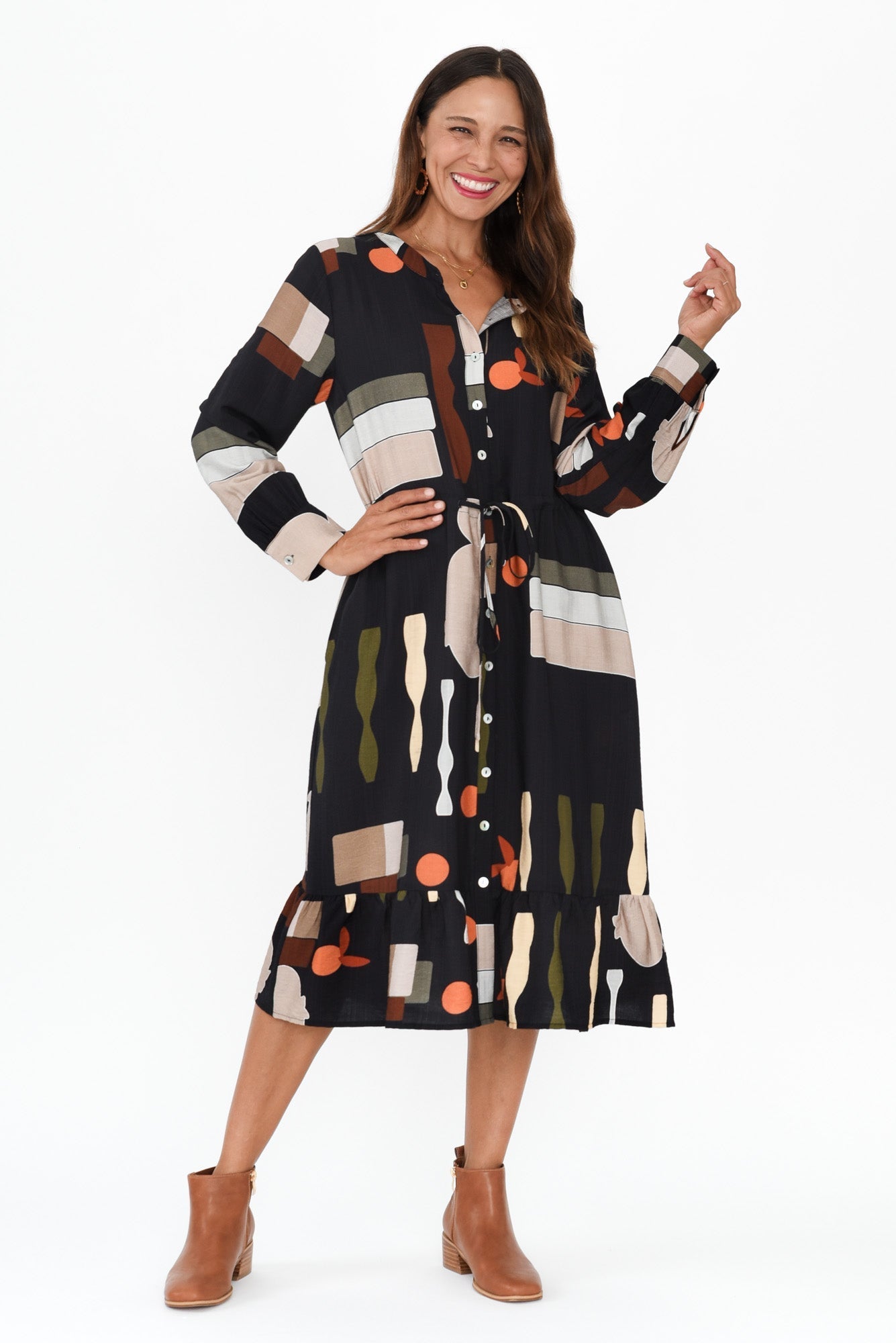 Galleria Black Geo Tie Dress Front View