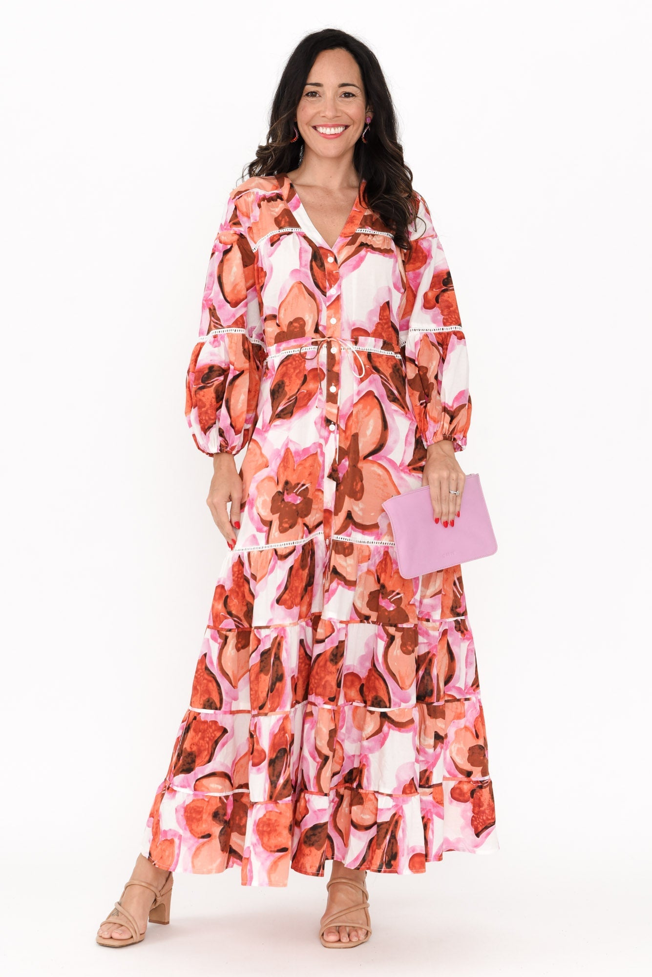 Gertie Pink Floral Cotton Tier Dress Front View 2
