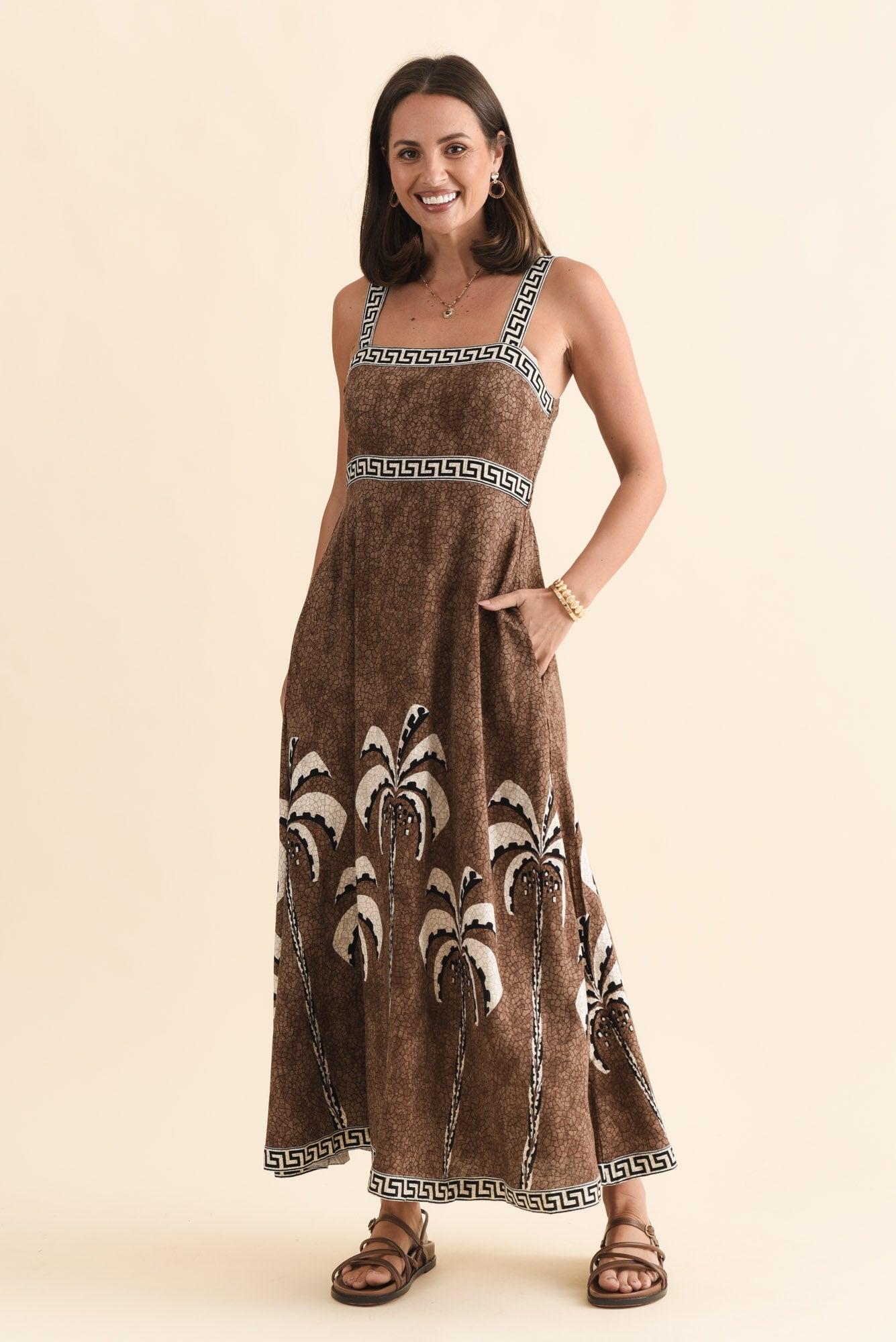 Giovanna Brown Tropical Maxi Dress Front View