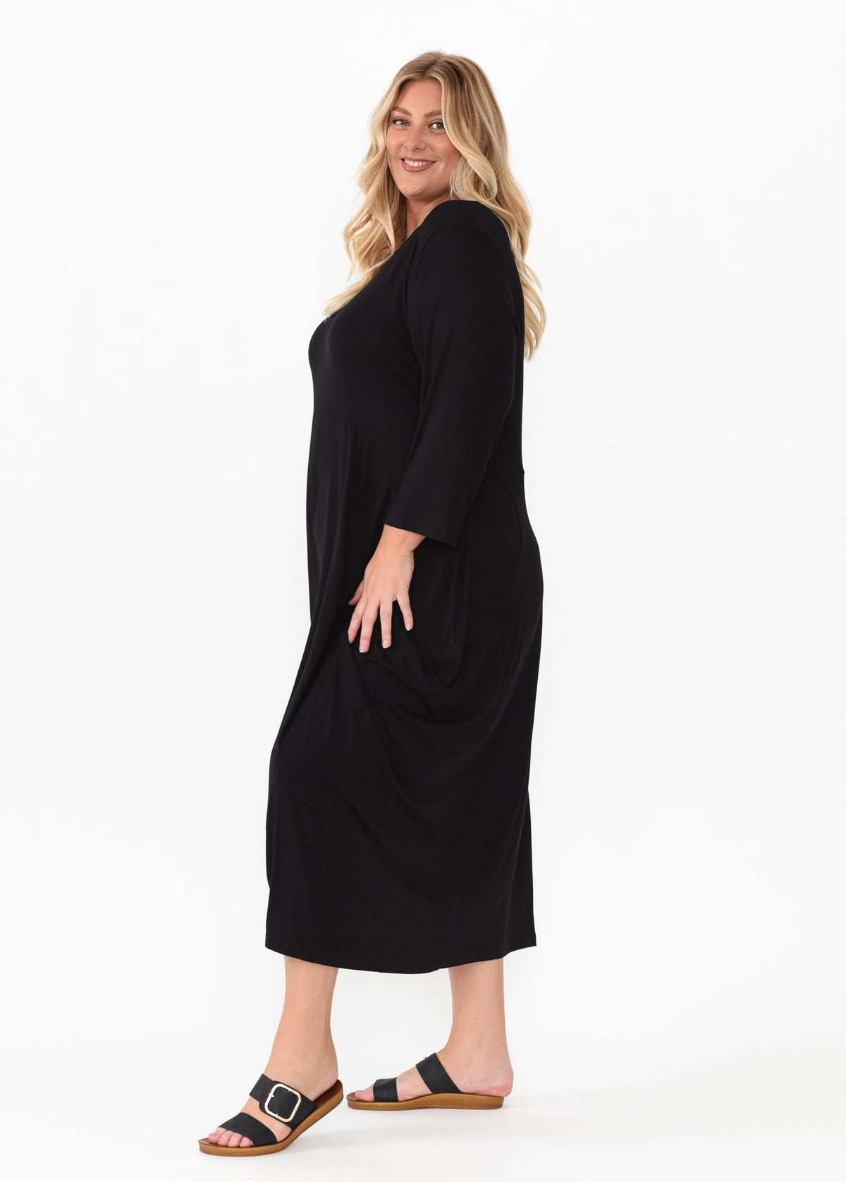 Glenda Black Sleeved Crescent Dress Styled View 2