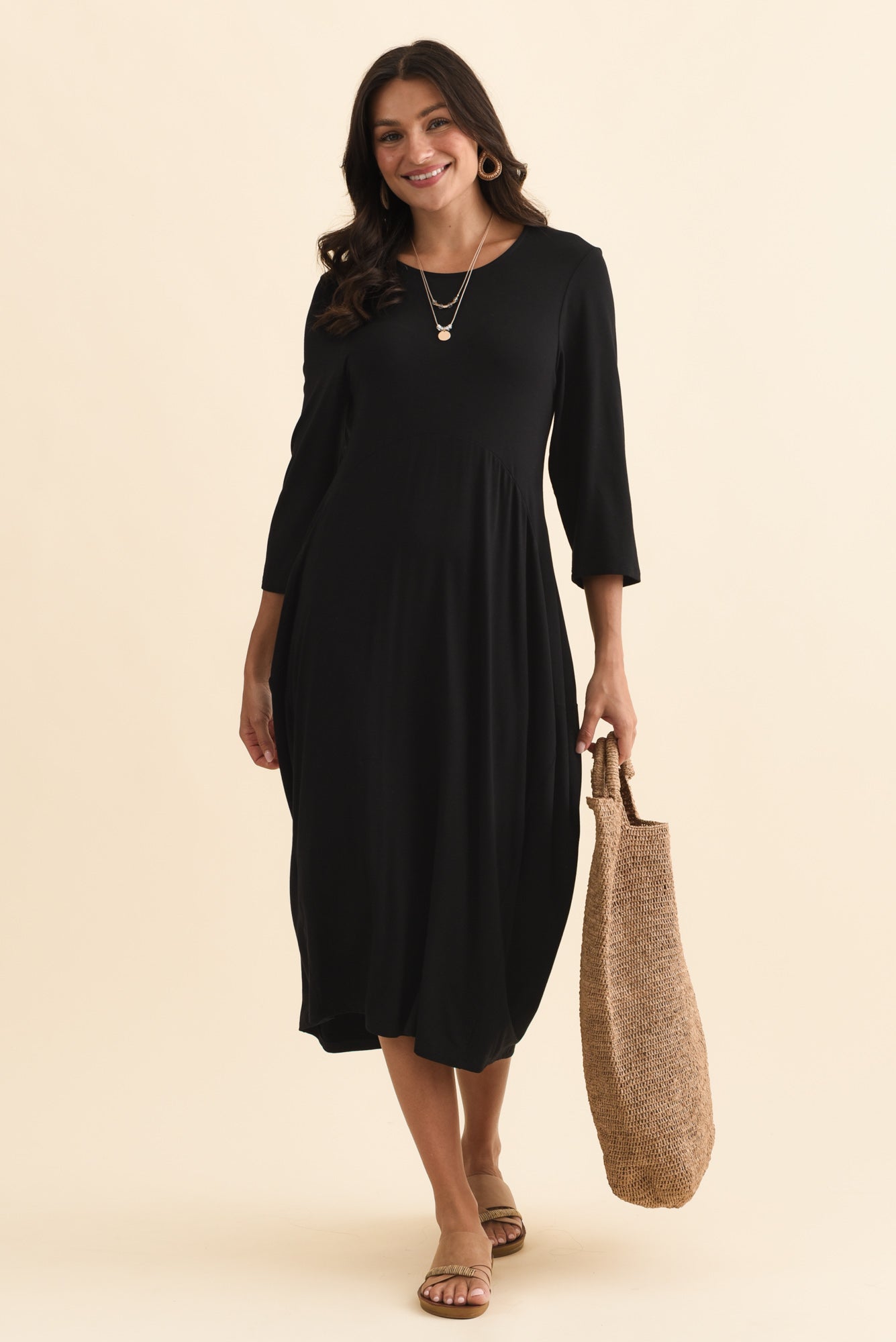 Glenda Black Sleeved Crescent Dress Front View
