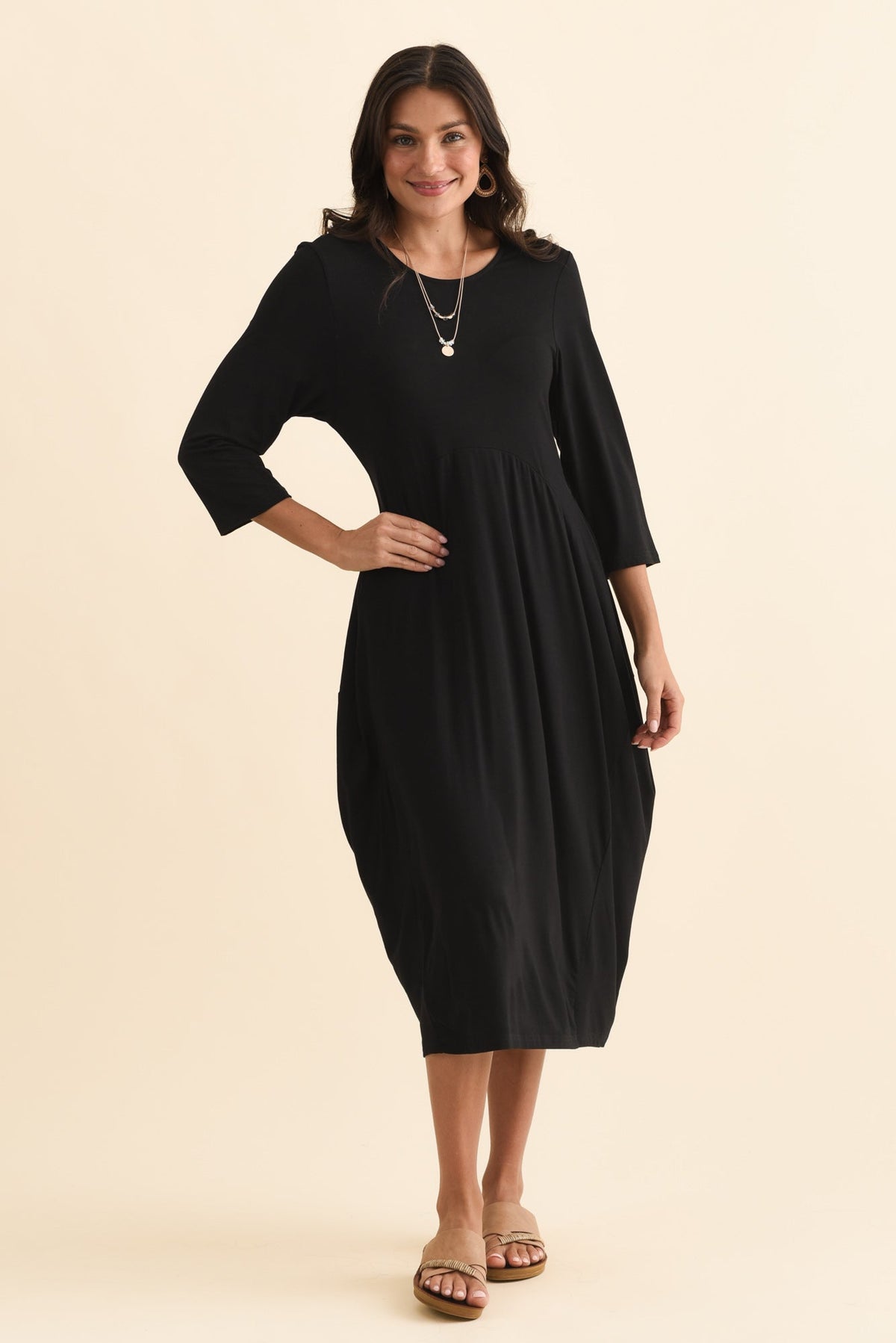 Glenda Black Sleeved Crescent Dress Back View
