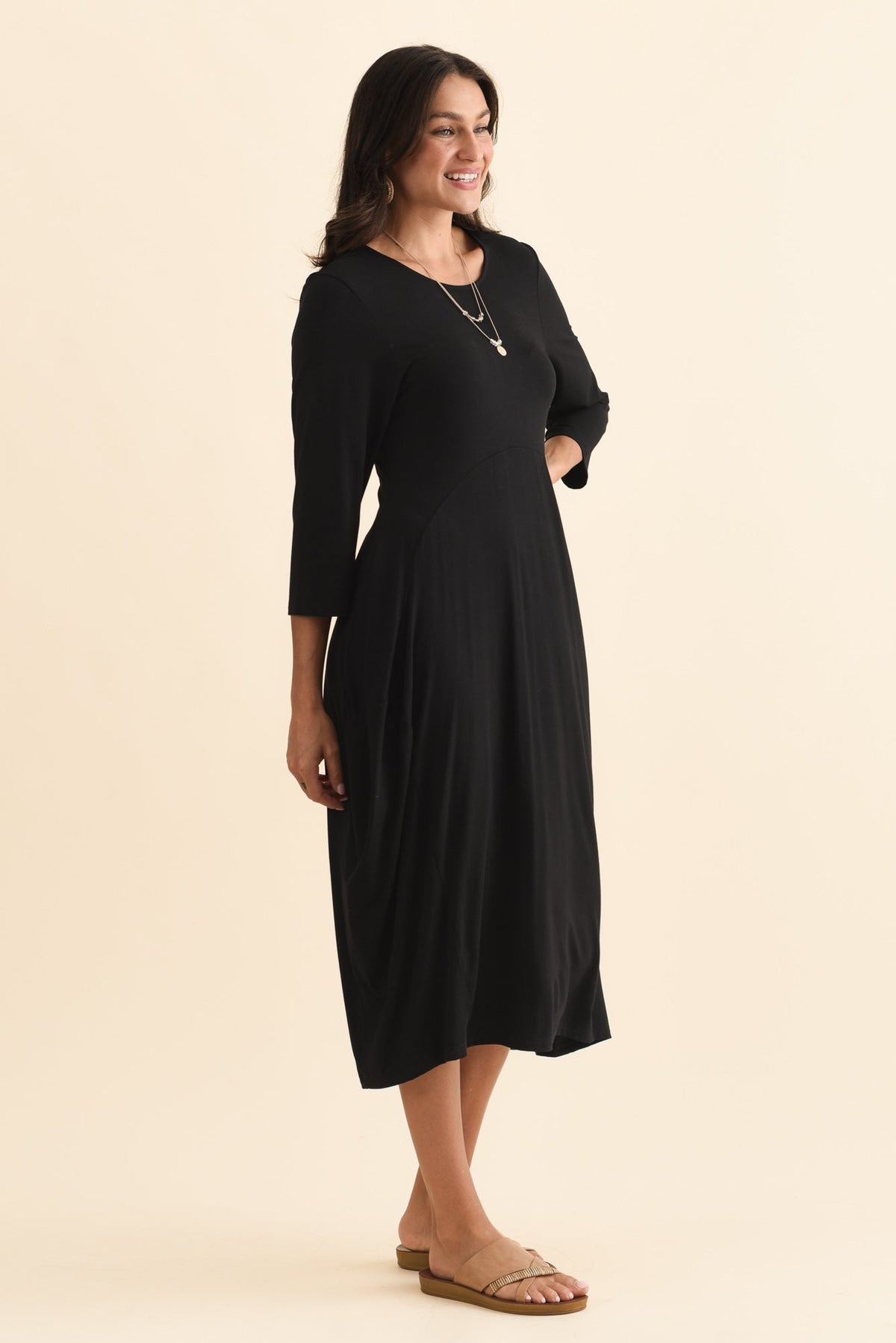 Glenda Black Sleeved Crescent Dress Side View