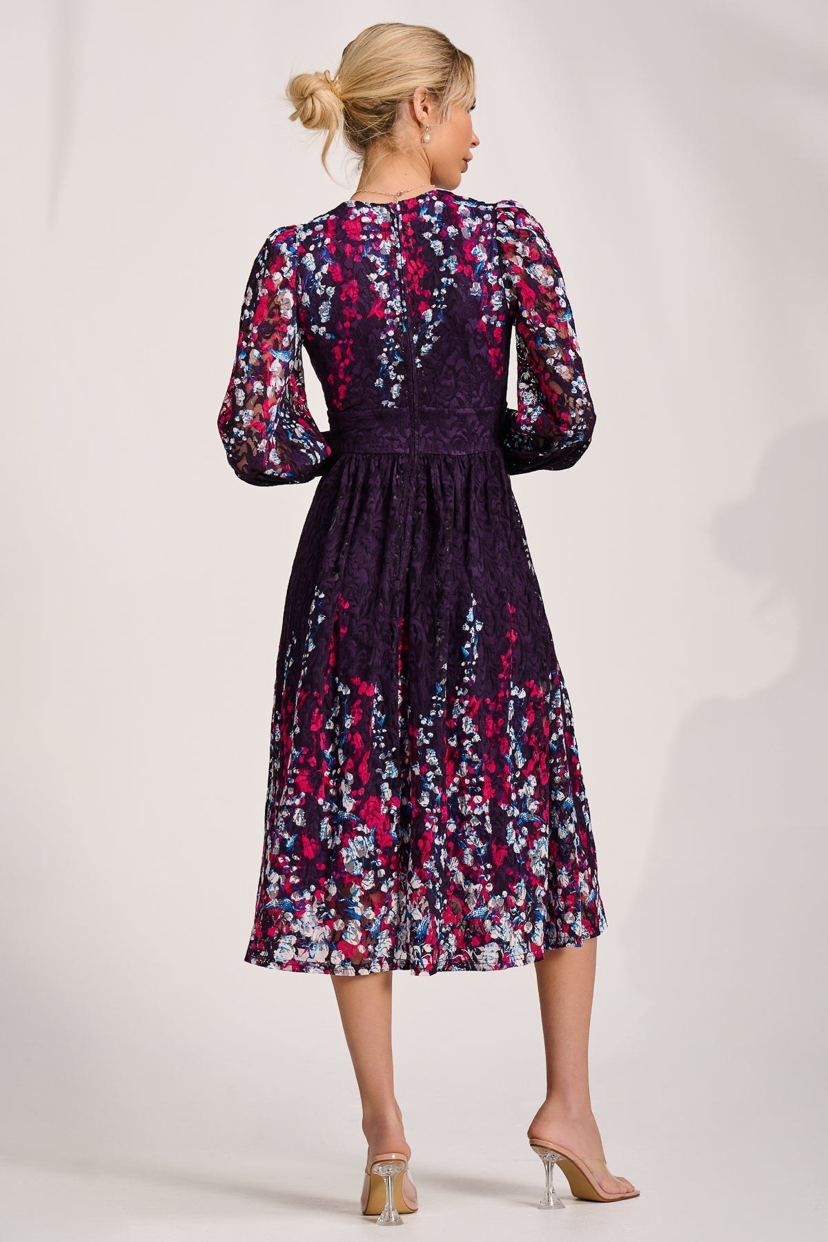 Long Sleeve Printed Lace Midi Dress Back View