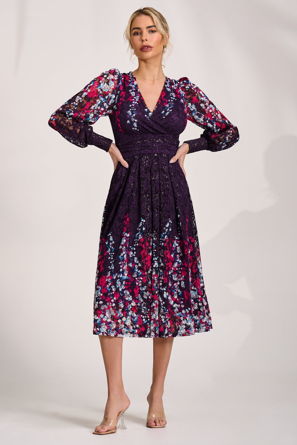 Long Sleeve Printed Lace Midi Dress Detail View