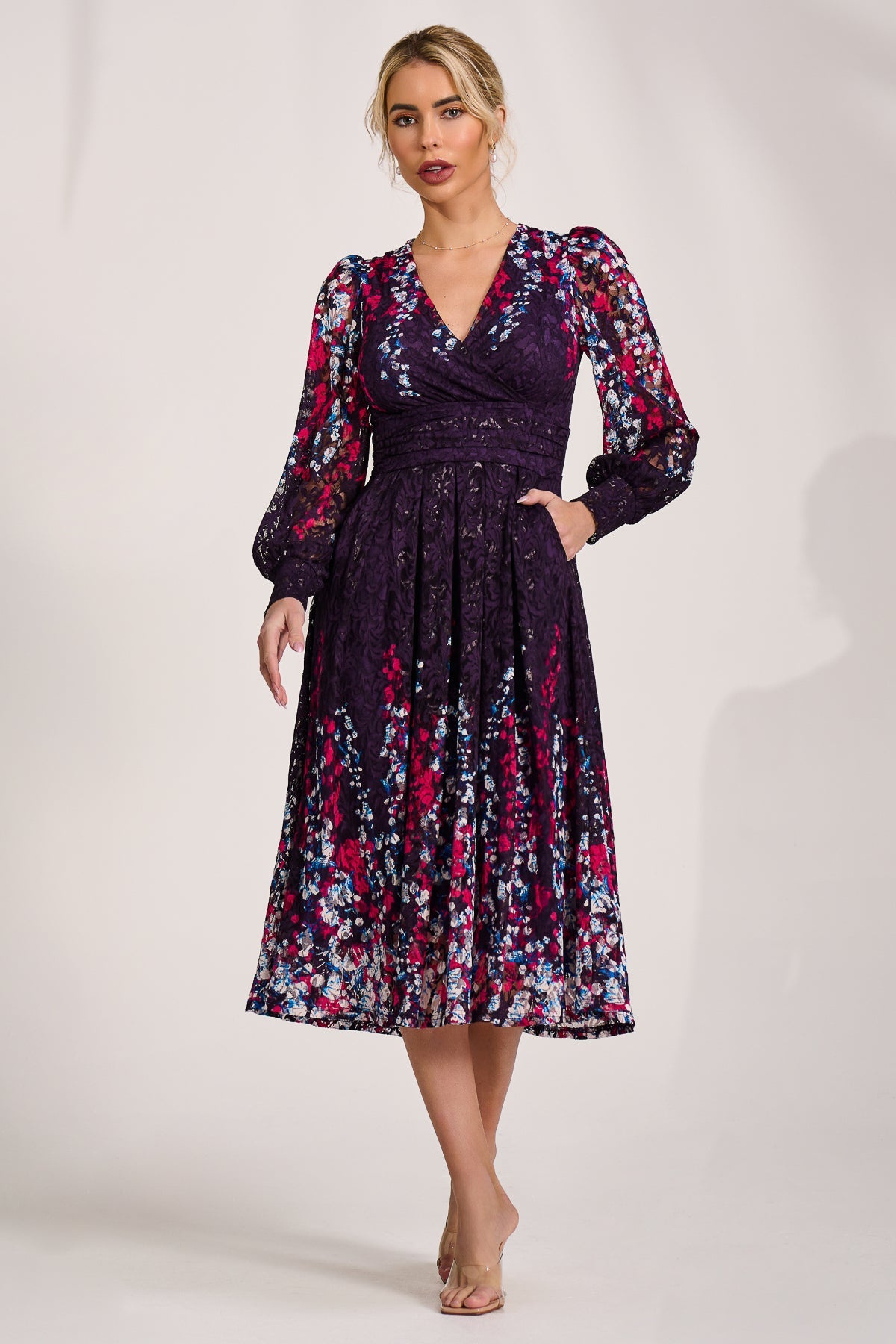 Long Sleeve Printed Lace Midi Dress Front View