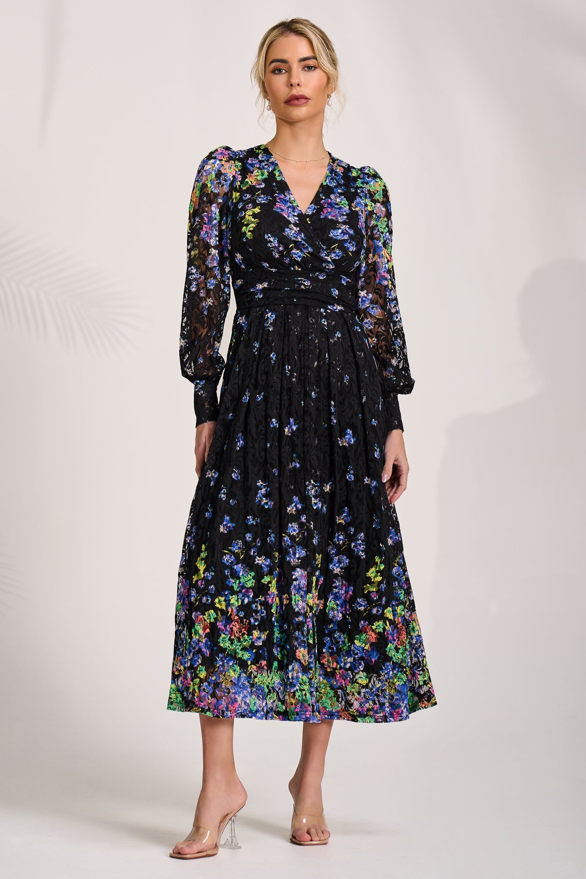 Long Sleeve Printed Lace Maxi Dress Front View 2