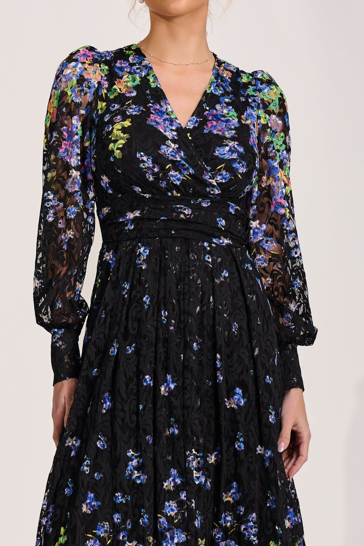 Long Sleeve Printed Lace Maxi Dress Back View