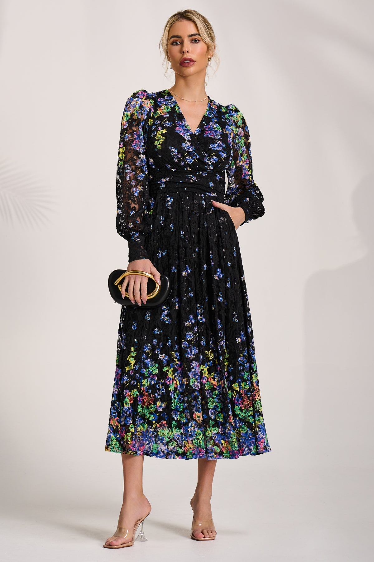 Long Sleeve Printed Lace Maxi Dress Front View