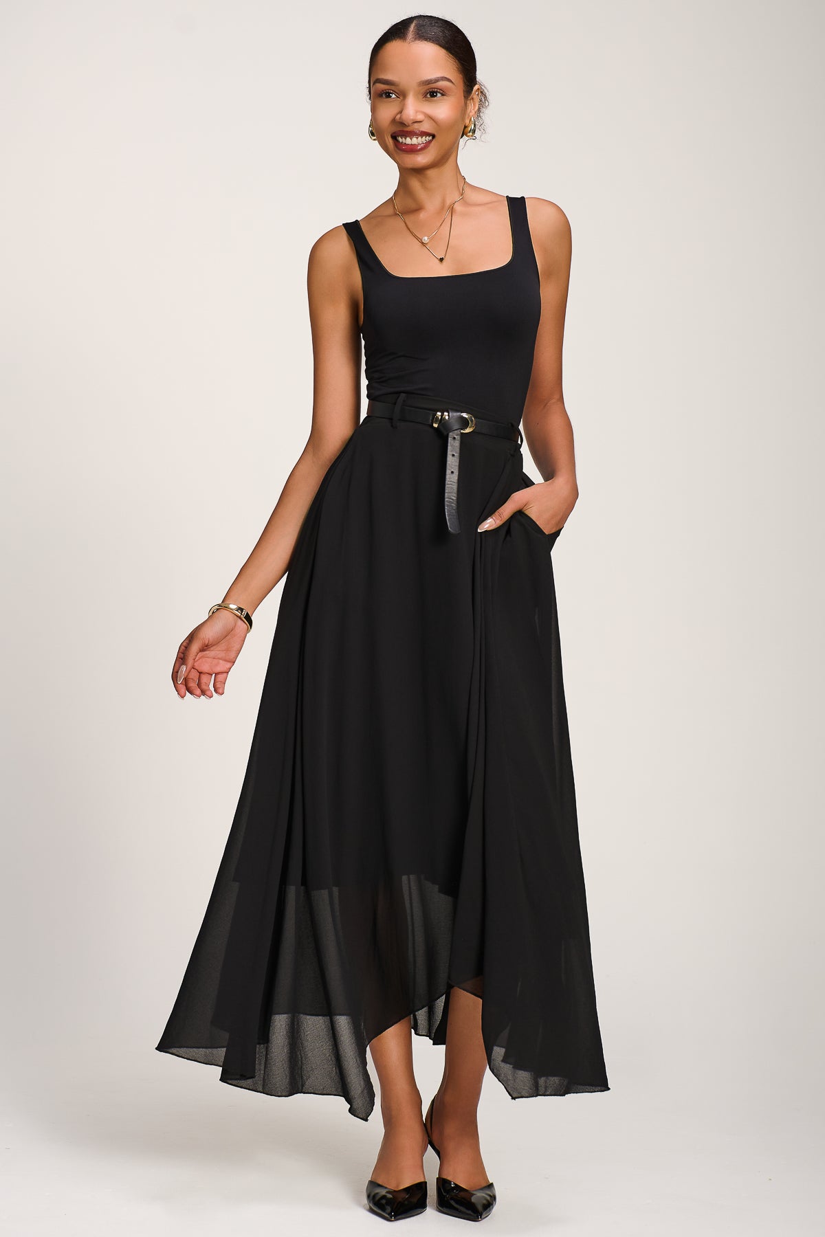 Asymmetric Frill Chiffon Maxi Skirt Front View