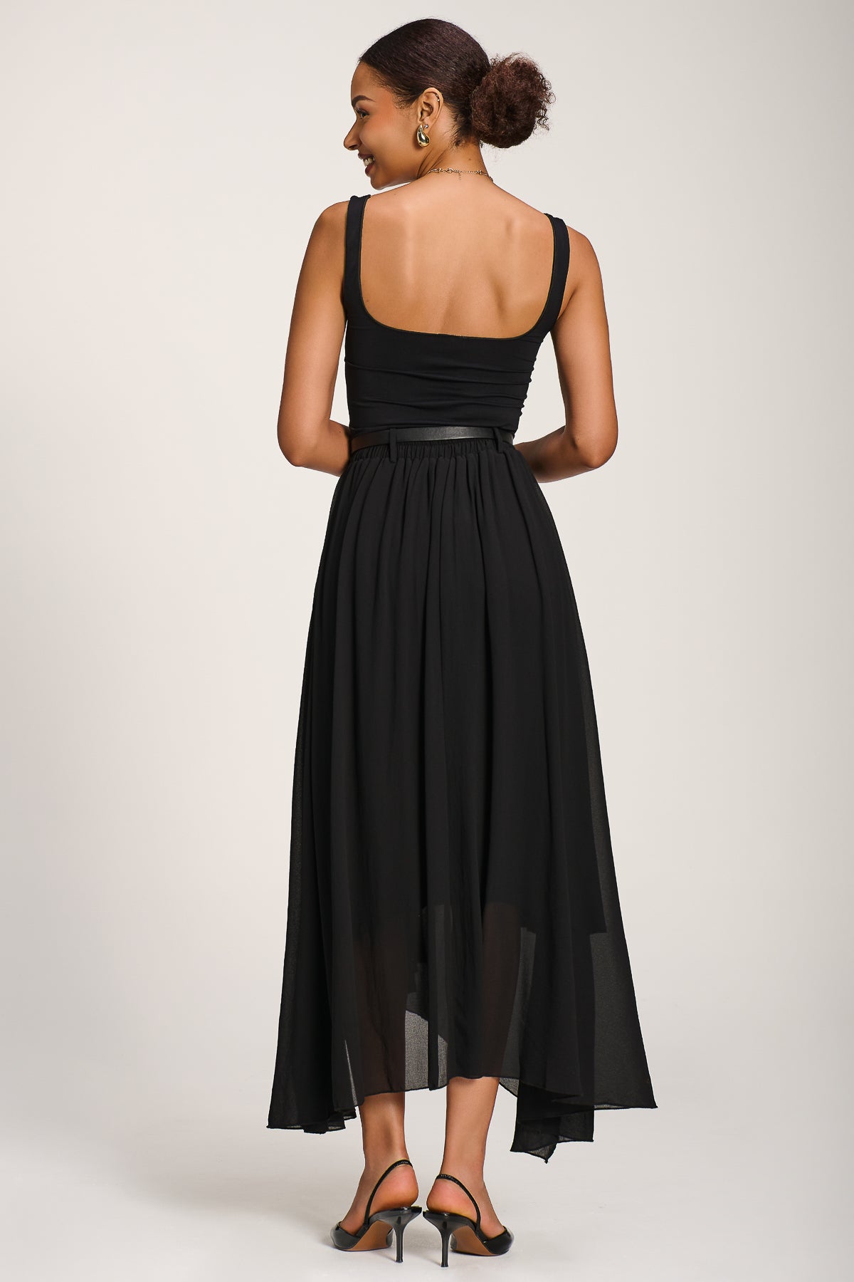Asymmetric Frill Chiffon Maxi Skirt Back View