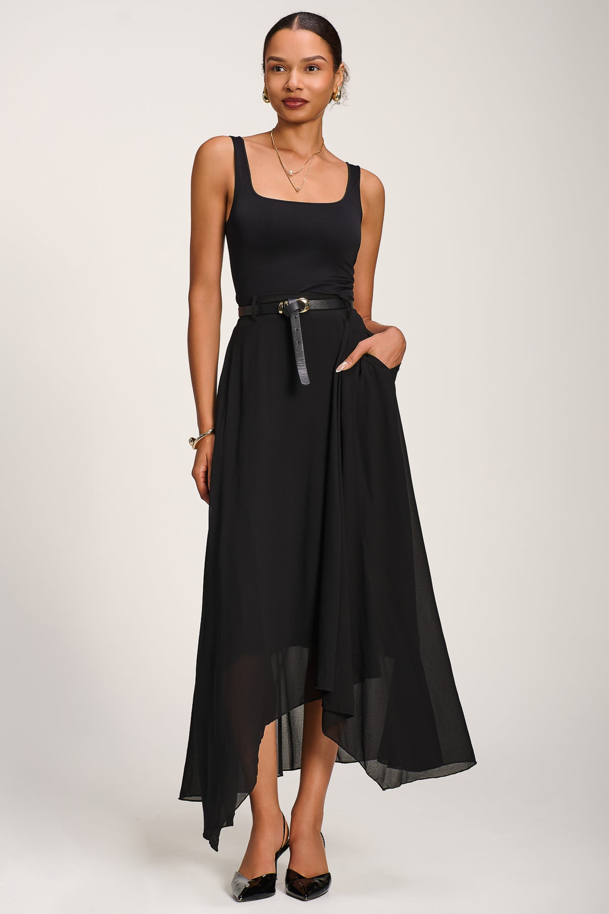 Asymmetric Frill Chiffon Maxi Skirt Detail View