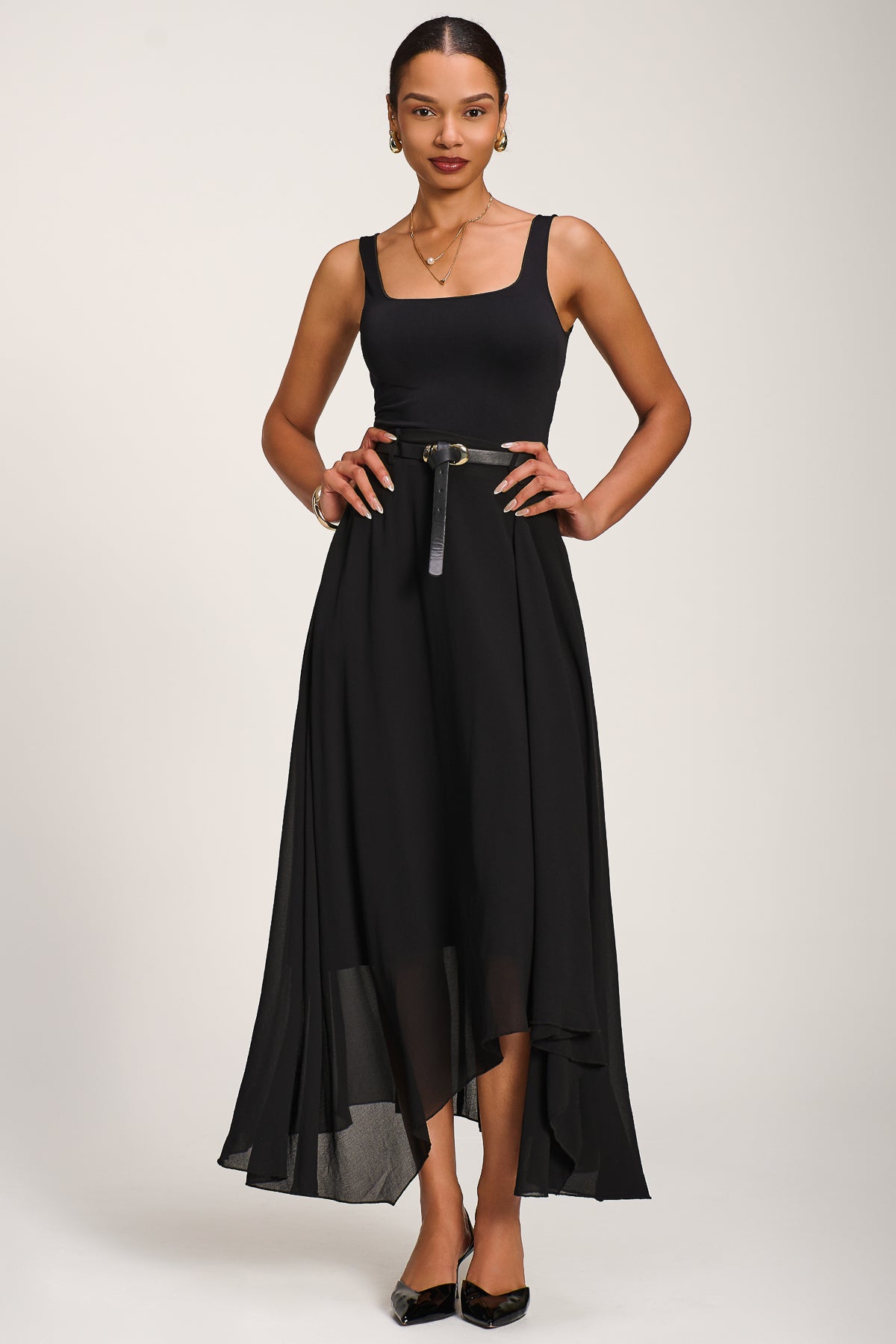 Asymmetric Frill Chiffon Maxi Skirt Styled View