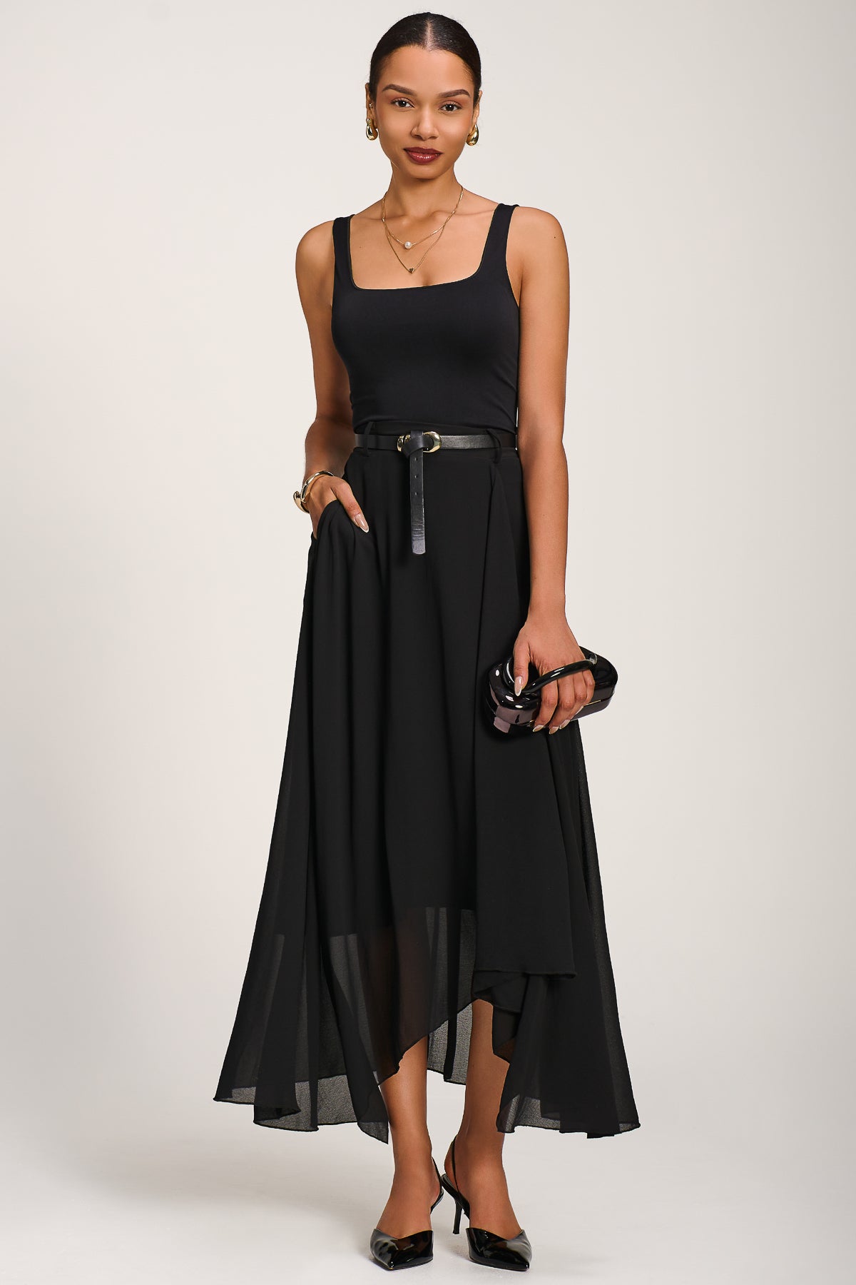 Asymmetric Frill Chiffon Maxi Skirt Full Length View