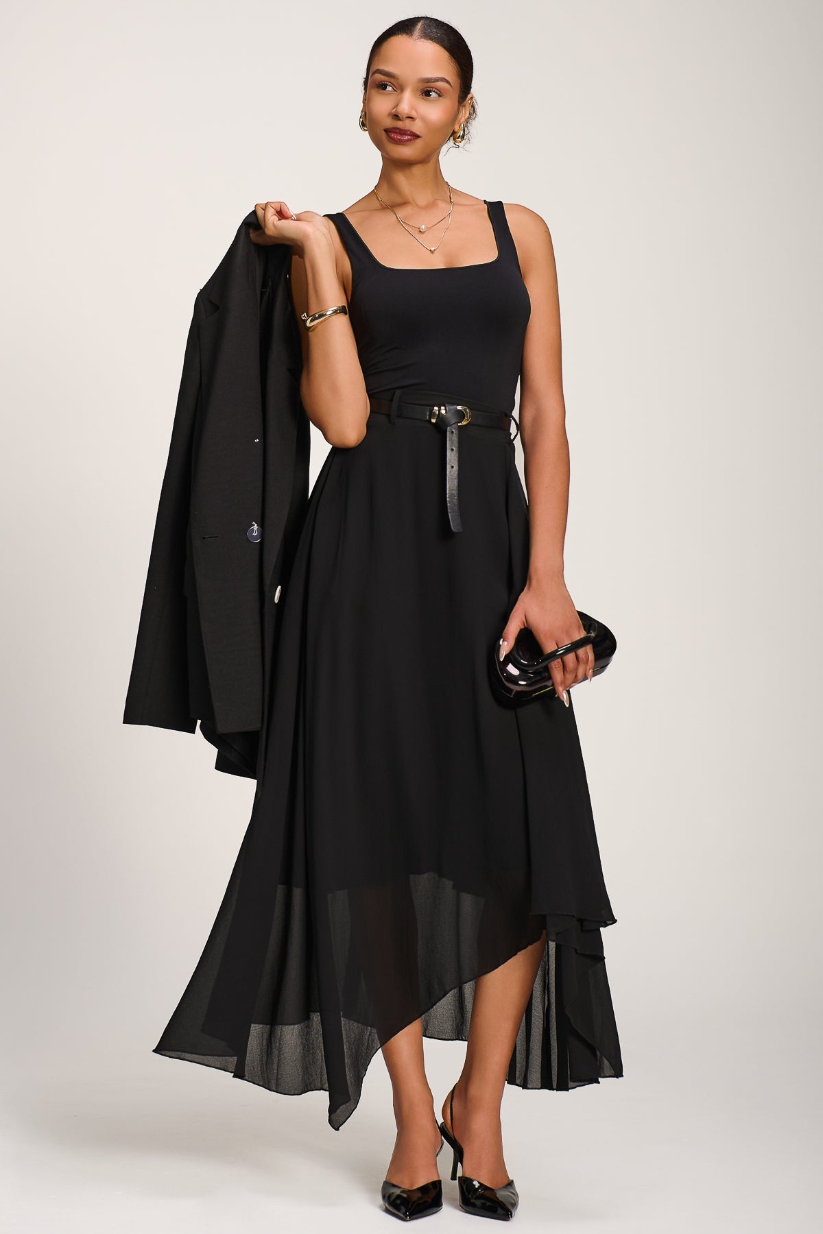 Asymmetric Frill Chiffon Maxi Skirt Front View 2