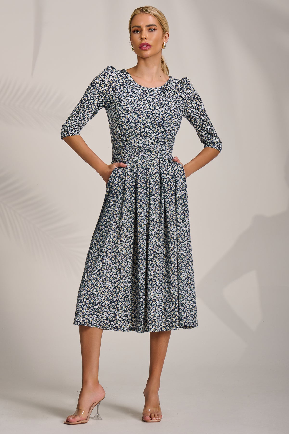 Sleeve Printed Jersey Midi Dress Detail View