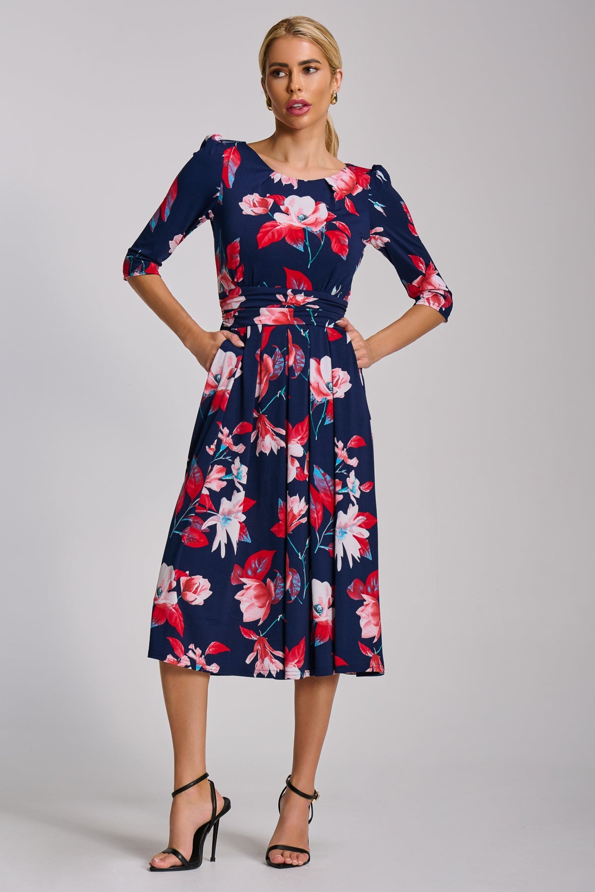 Sleeve Printed Jersey Midi Dress Navy Floral Detail View