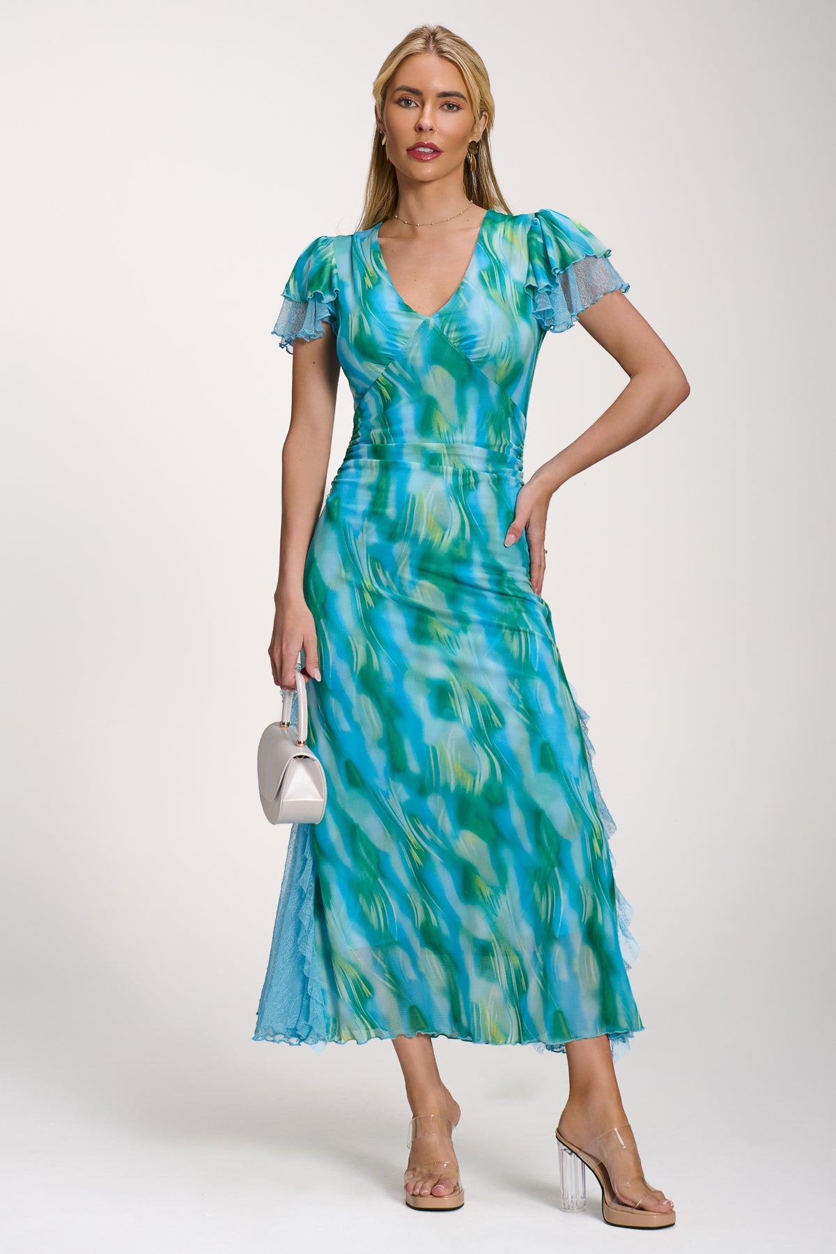 Lace Insert Mesh Midi Dress Front View
