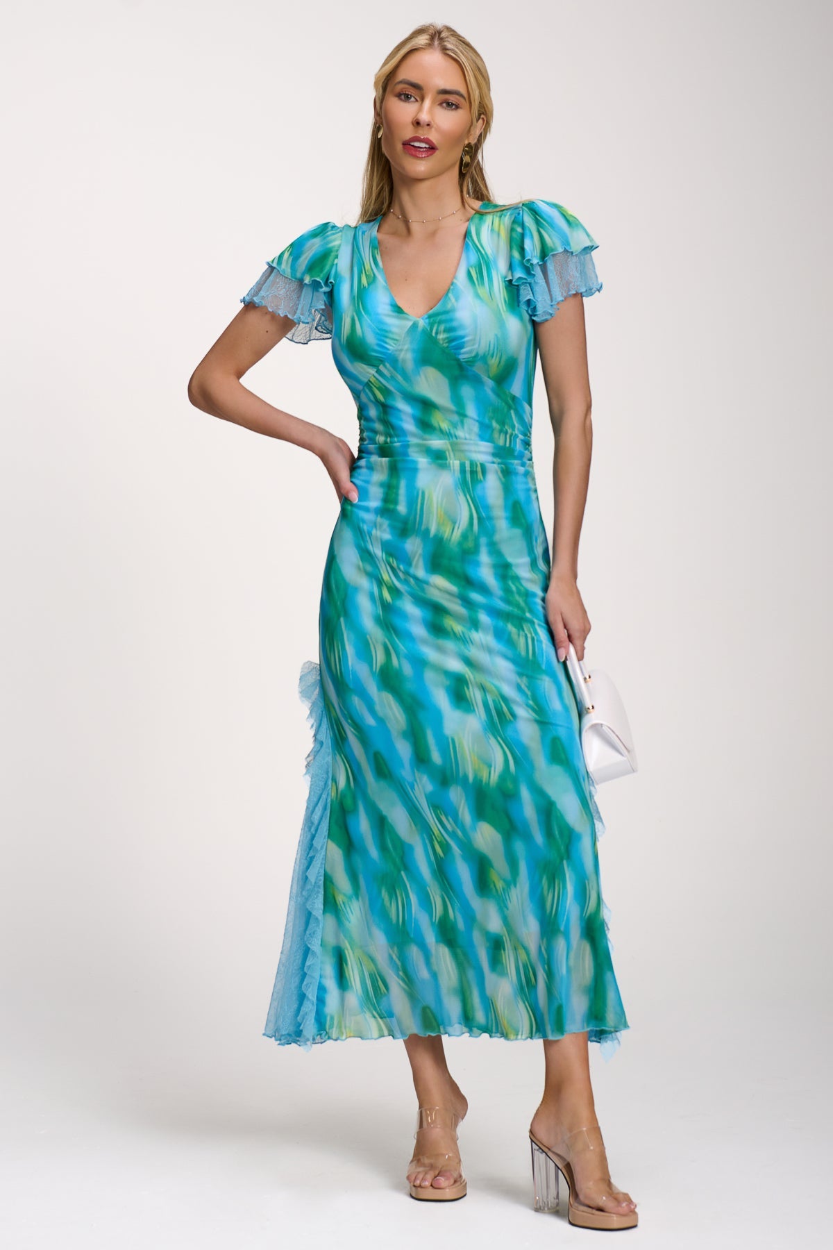 Lace Insert Mesh Midi Dress Front View 2