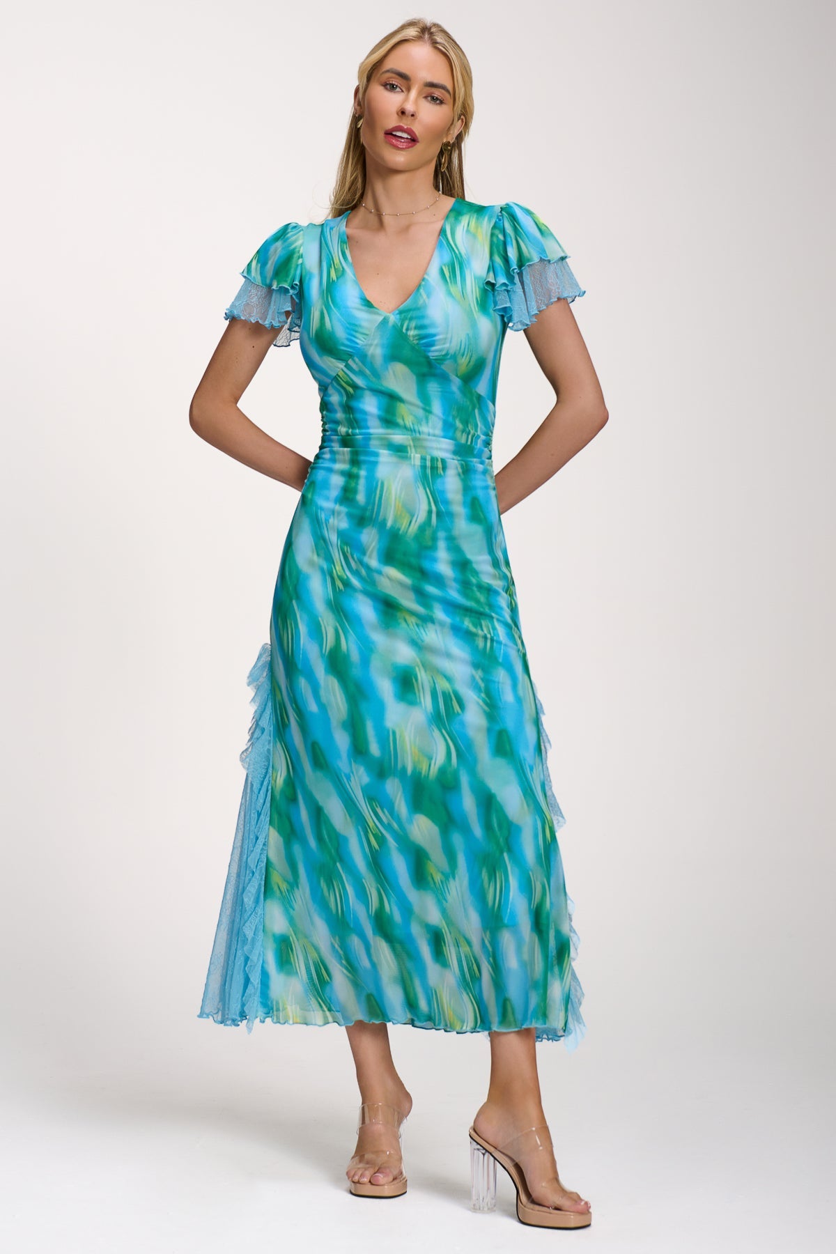 Lace Insert Mesh Midi Dress Full Length View