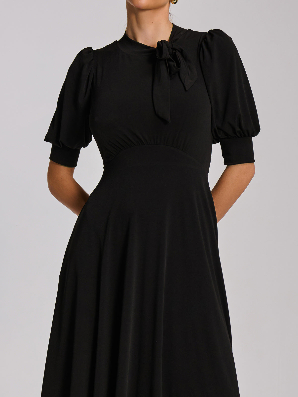 Tie Neck Puffy Sleeve Jersey Midi Dress Full Length View