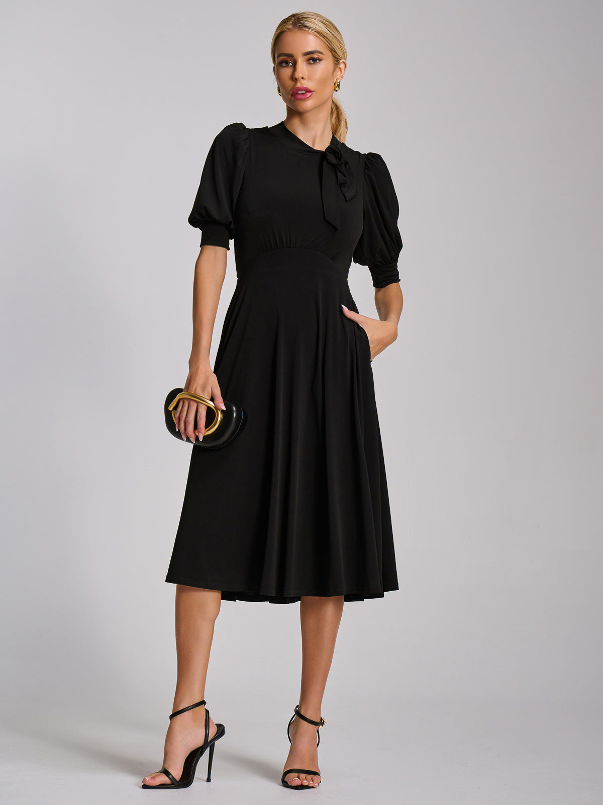 Tie Neck Puffy Sleeve Jersey Midi Dress Front View 2