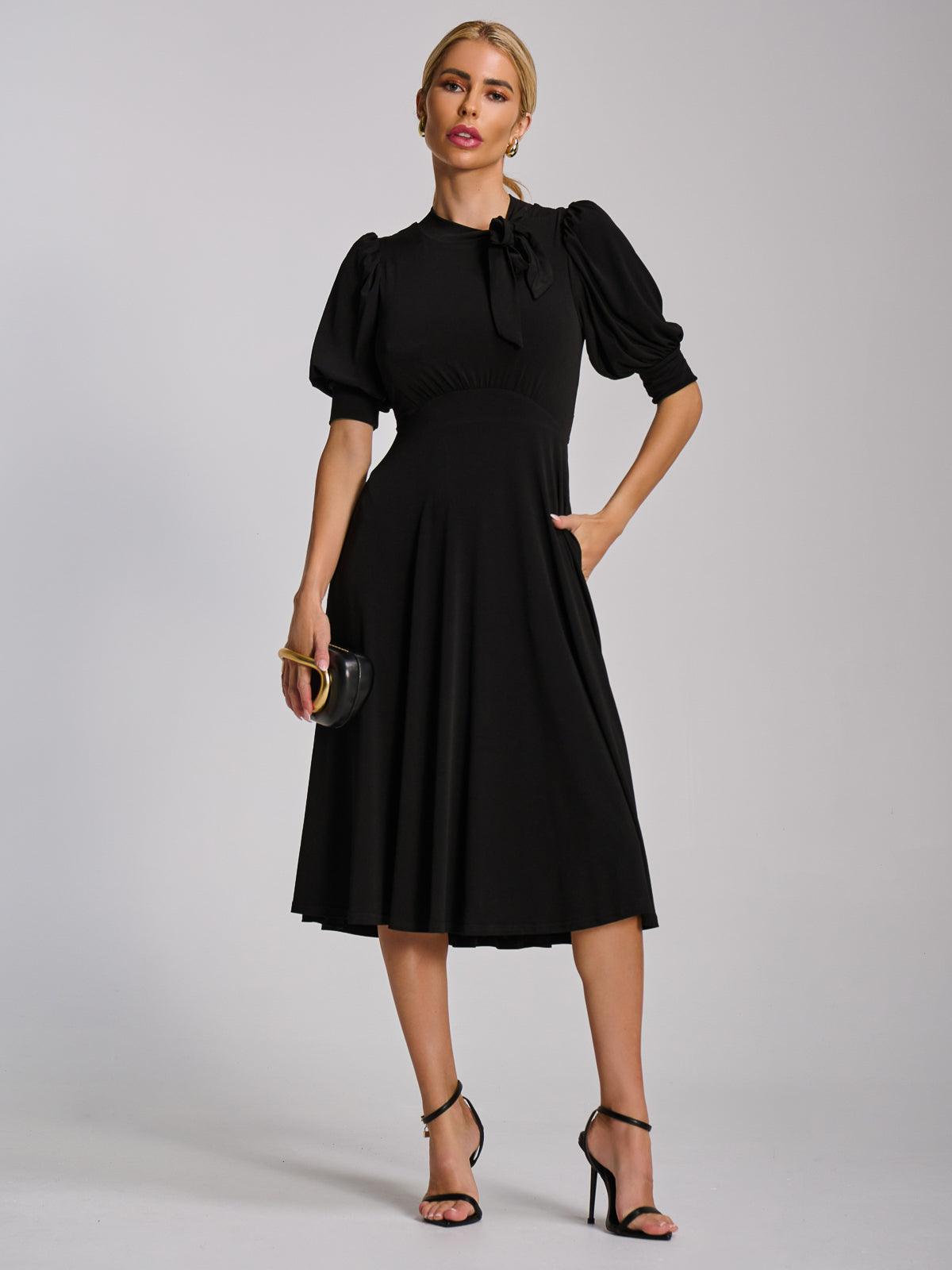 Tie Neck Puffy Sleeve Jersey Midi Dress Front View