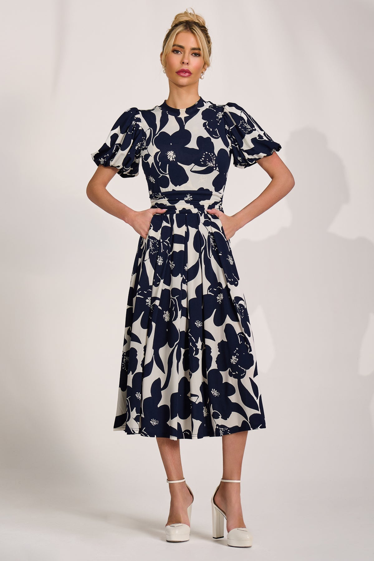 Turtle Neck Puff Sleeve Jersey Midi Dress cream floral Front View